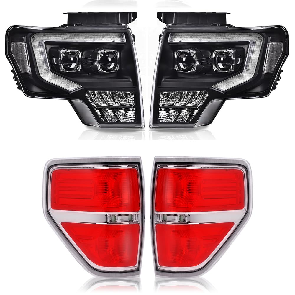 CNNELL Left + Right Side Tube Dual Projector Headlights & Tail lights Compatible with 2009 2010 2011 2012 2013 2014 Ford F150 DL