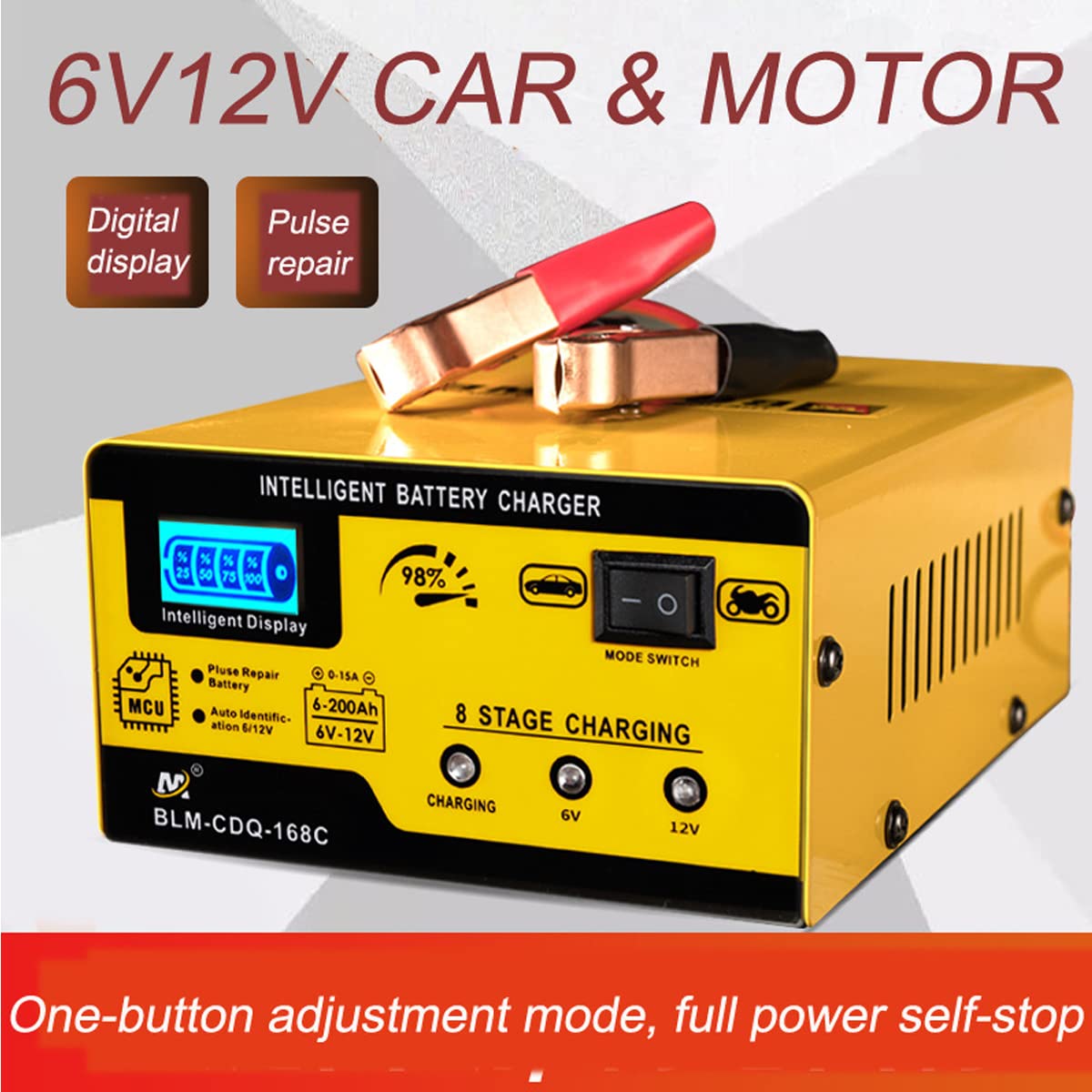 Huiaipaic 15A Smart Battery Charger for 6V/12V Lead Acid Batteries - Pulse Repair, Automotive Desulfator, Orange