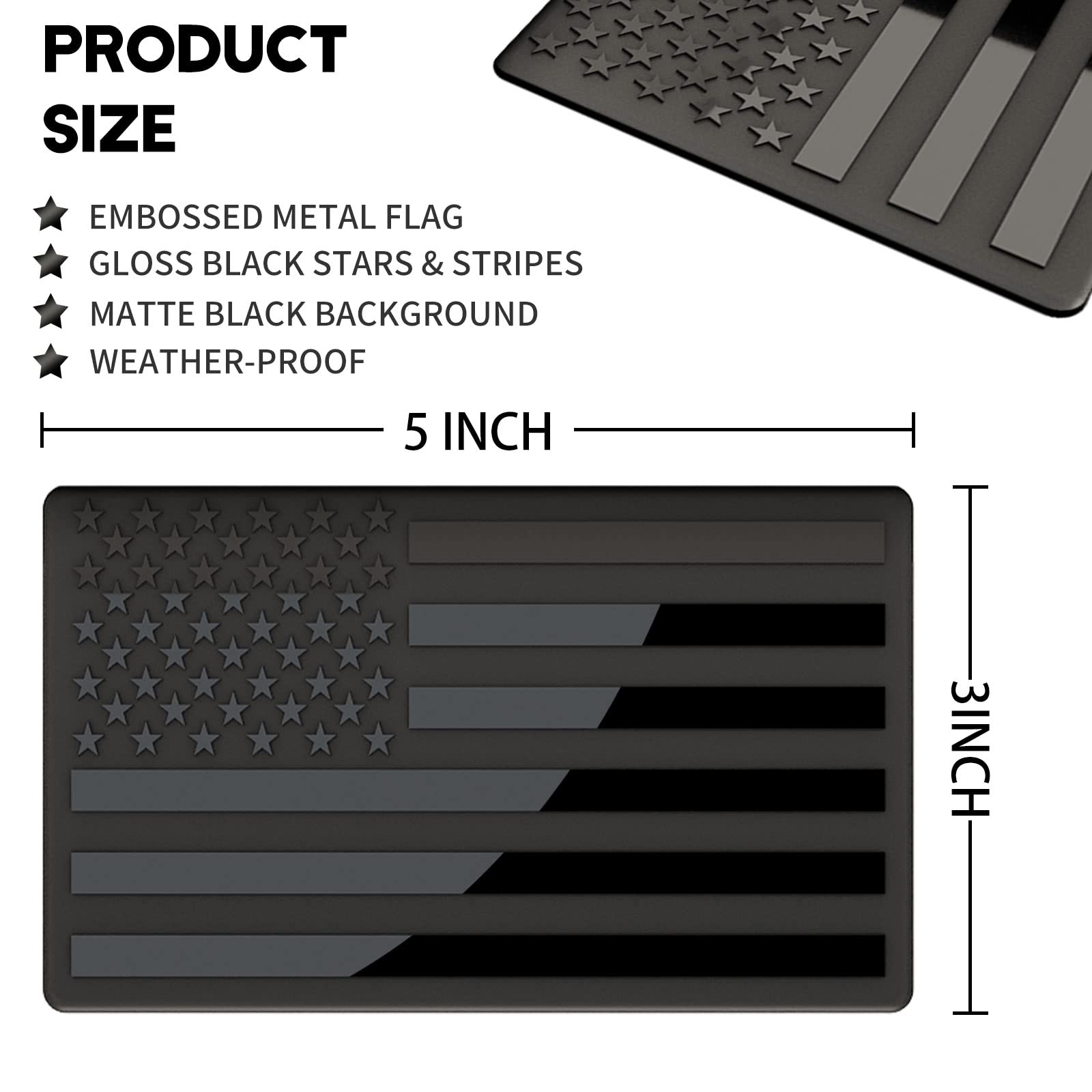 Embossed 3D Metal All Black American Flag Emblem Decal Stickers (1 Pair), Matte Black 5'' X 3'' Patriotic Usa Us Flag Car Decals