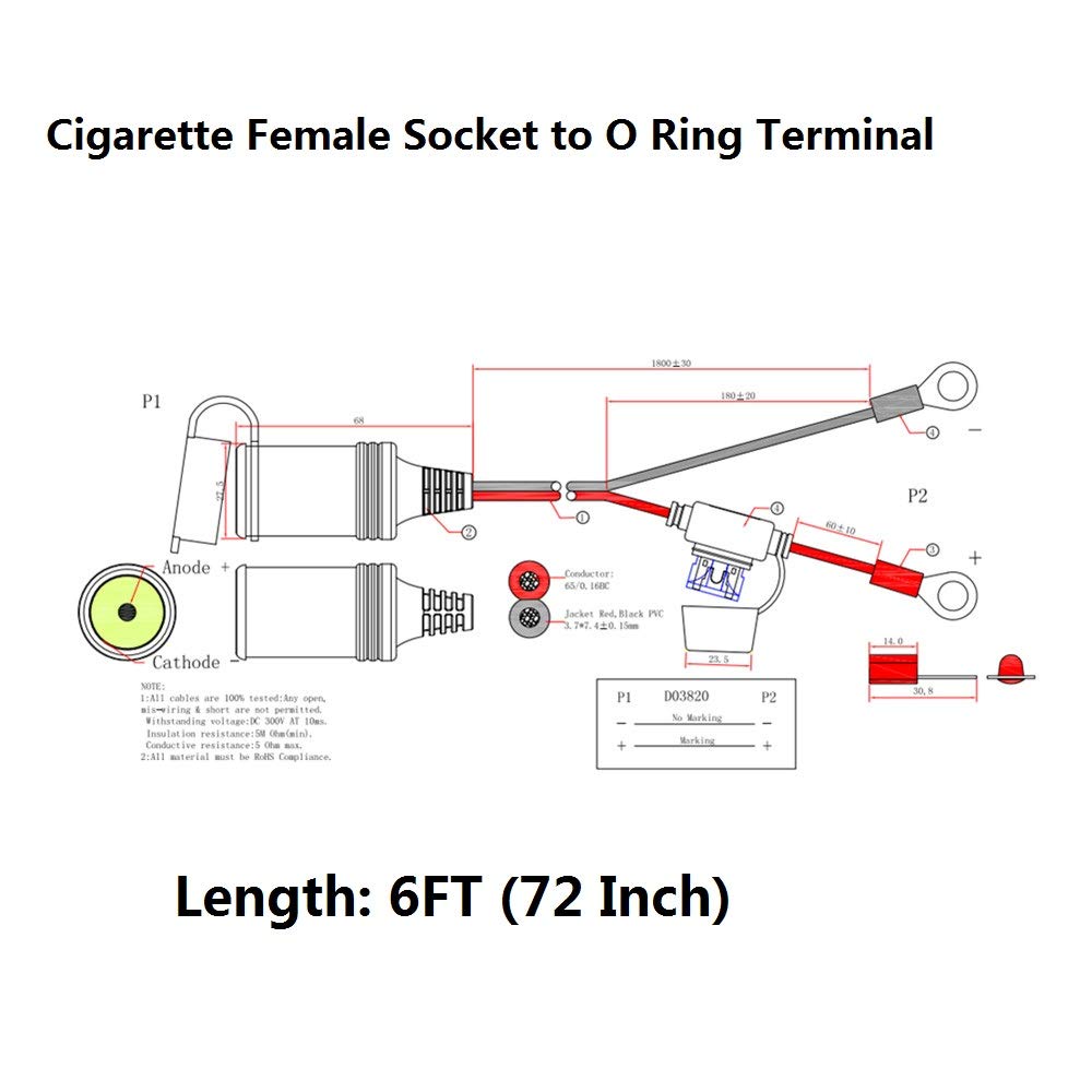 SPARKING 6FT Car Cigarette Lighter Plug Extension Cable with 15A Fuse - 12V Eyelet Terminals