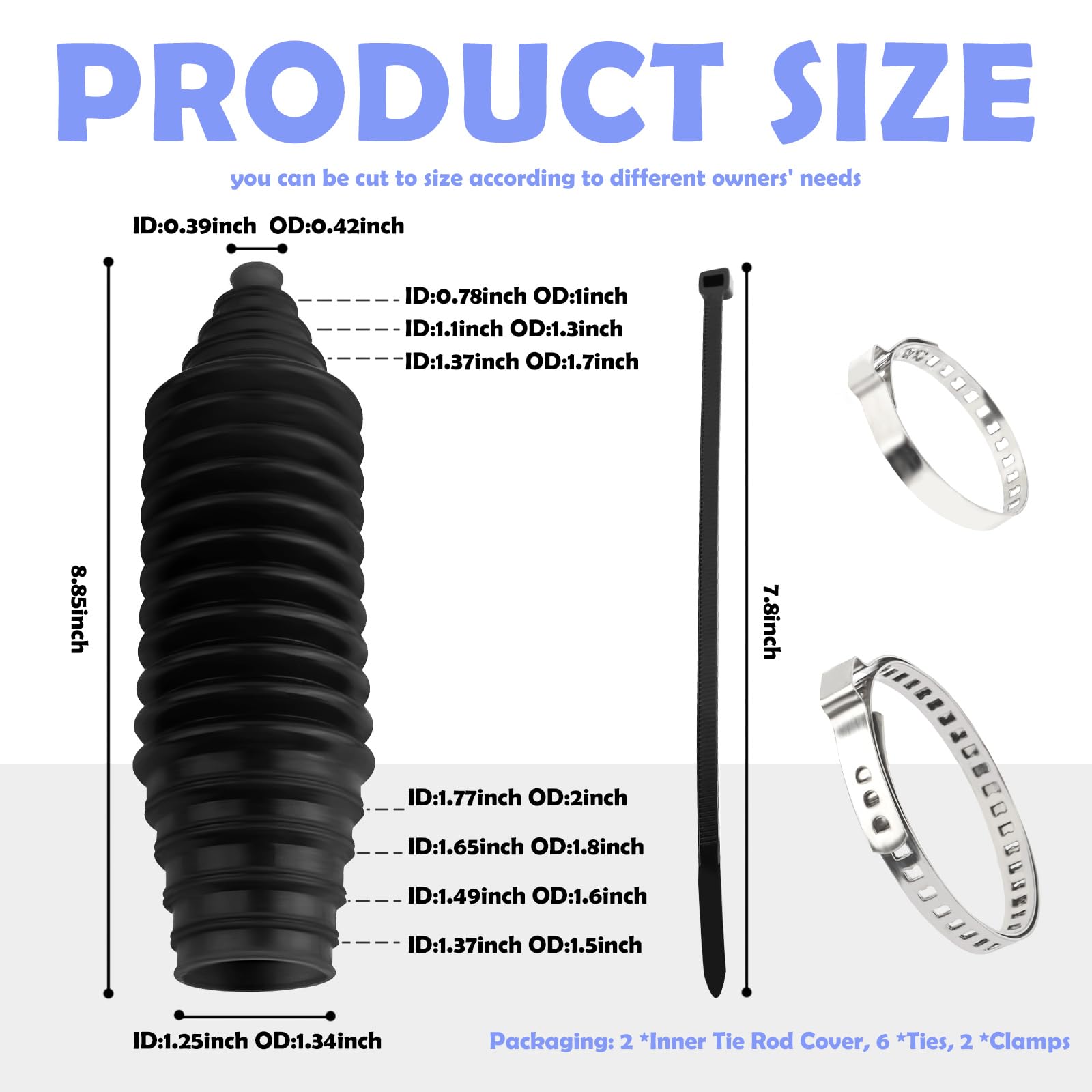KIFIDAN Tie Rod Boot Kit - Waterproof Silicone Inner Boot, 8.46x2.4x2.4 inch, Black, with Pinion Bellow, Cable Ties & Cl