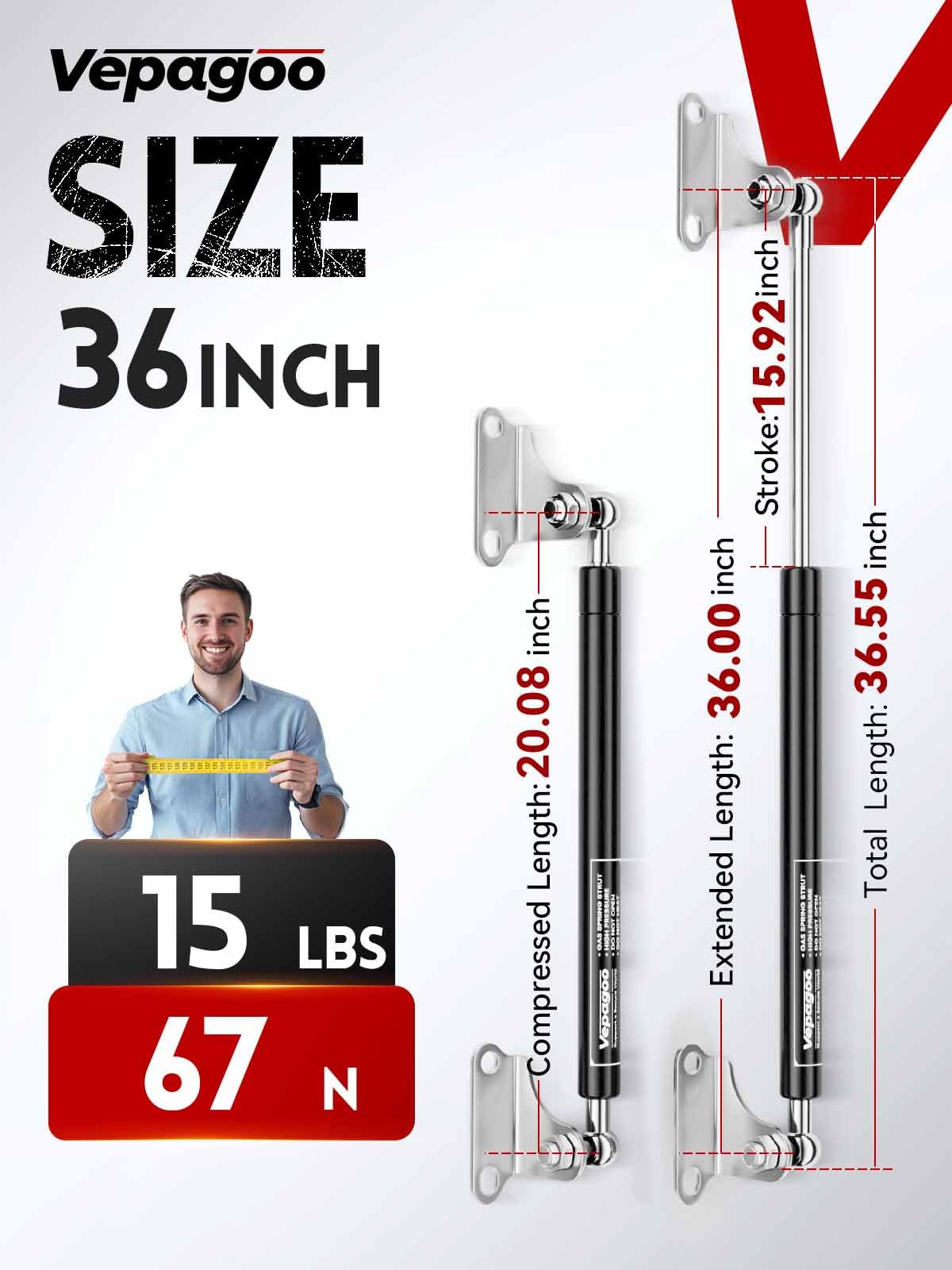 Vepagoo 36 Inch 15Lb/67N Gas Struts Shock Spring With Mounting Brackets, Lift Supports For Rv Bed Lid Box Trailer Cover Hatch Ba