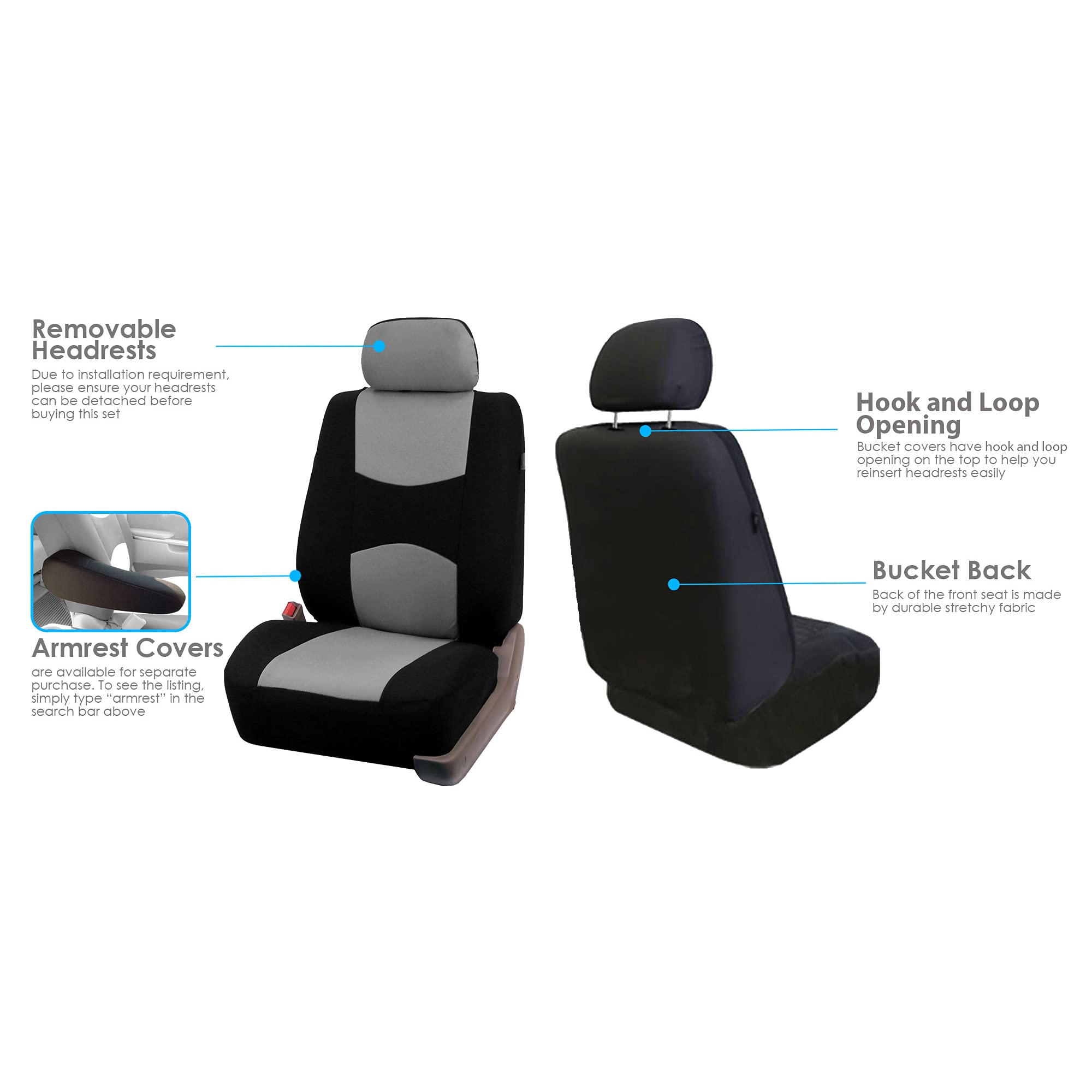 Fh Group Flat Cloth Seat Covers Front Seat And Solid Rear Bench Full Set With Gift - Universal Fit For Cars, Trucks & Suvs (Gray