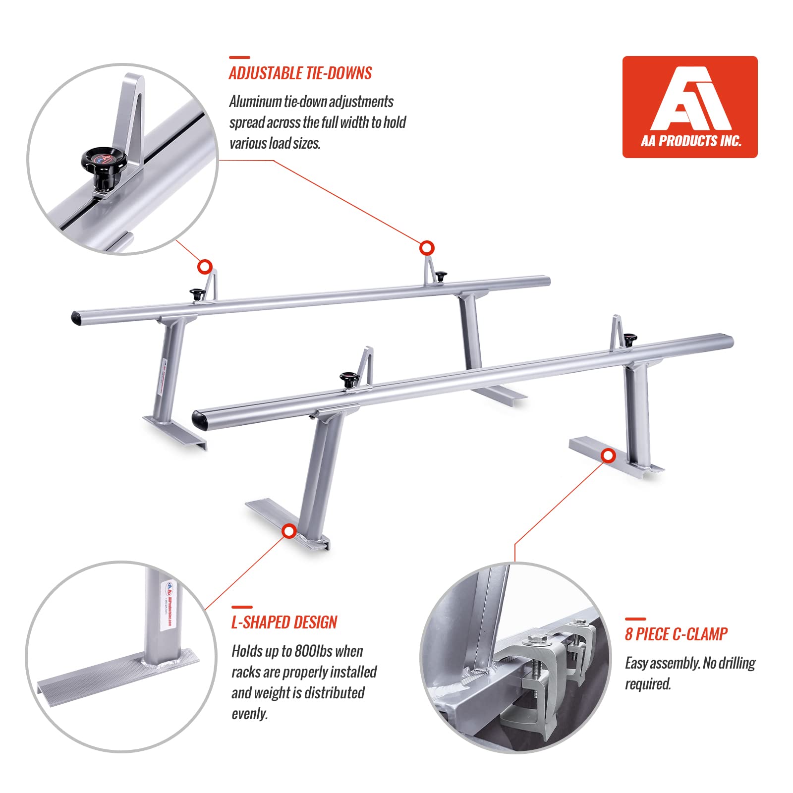 Aa-Racks Model Apx2502-Slv Low-Profile Utility Aluminum Pick-Up Truck Ladder Rack With Load Stops