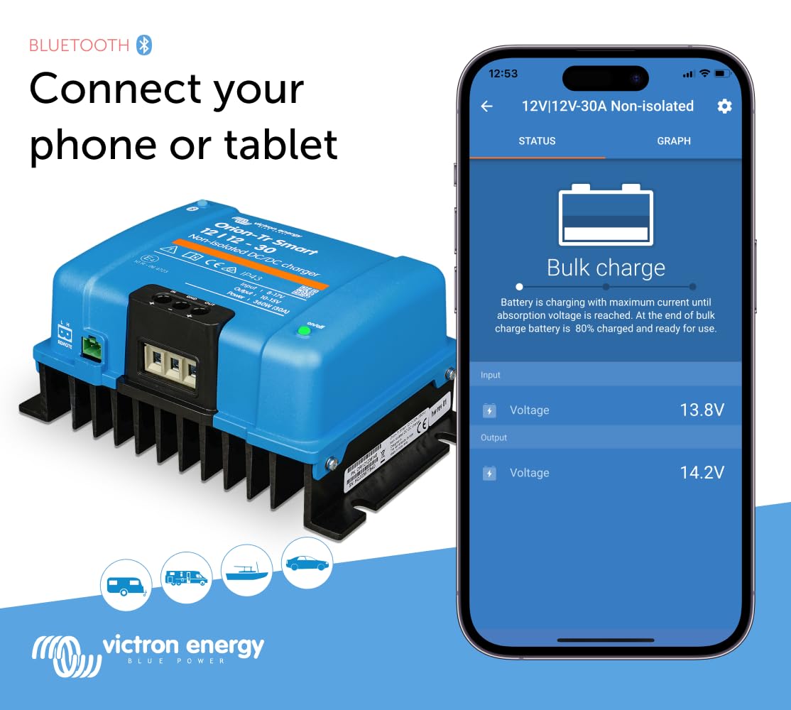 Victron Energy Orion-Tr Smart Dc To Dc Charger (Bluetooth) - 12/12-Volt 30 Amp 360-Watt - Battery Charger For Dual Battery Systems - Non-Isolated
