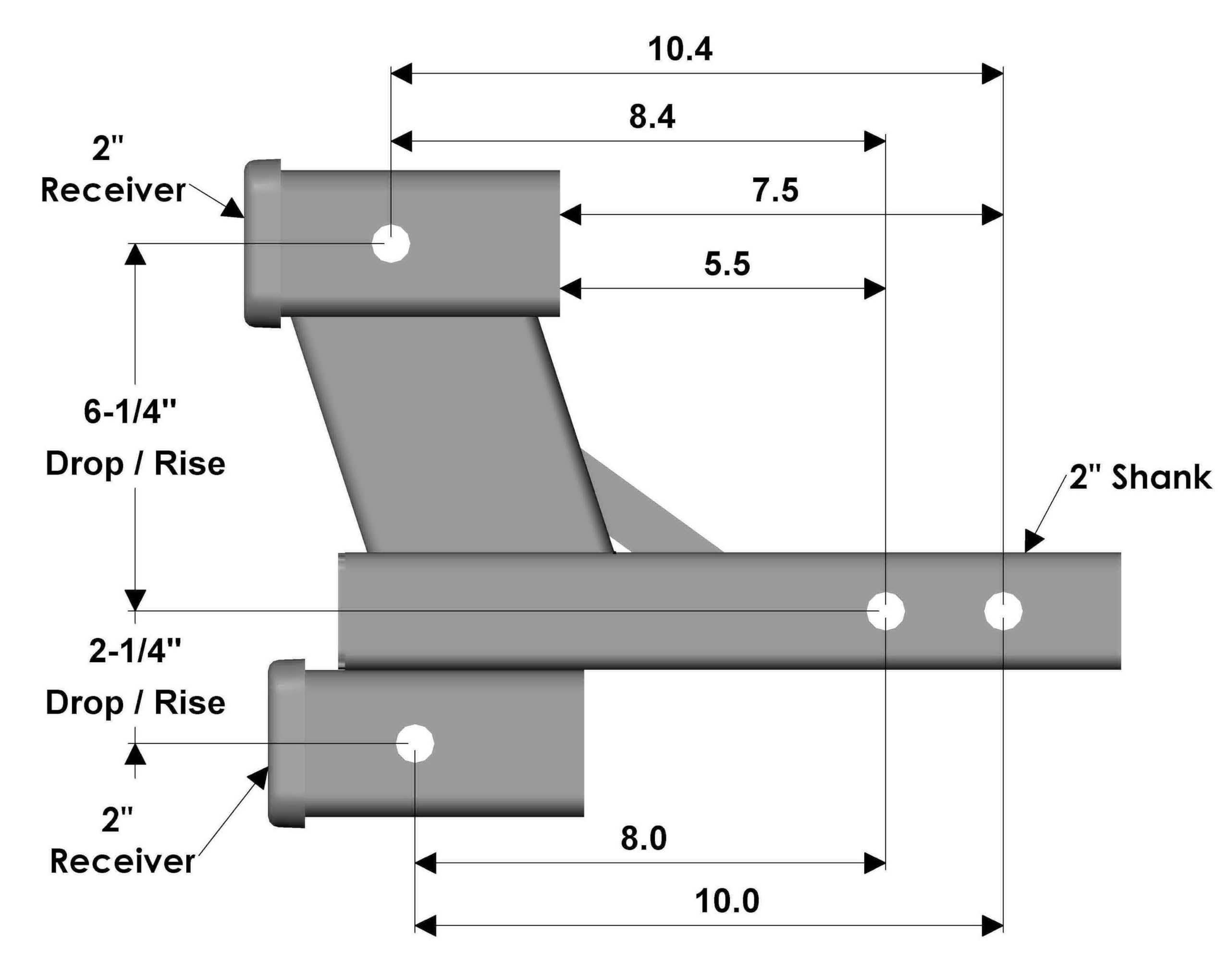 TOPTOW Dual Hitch Extender, 2" Receiver, 2-1/4" & 6-1/4" Rise/Drop, Alloy Steel, 7500lbs Capacity,