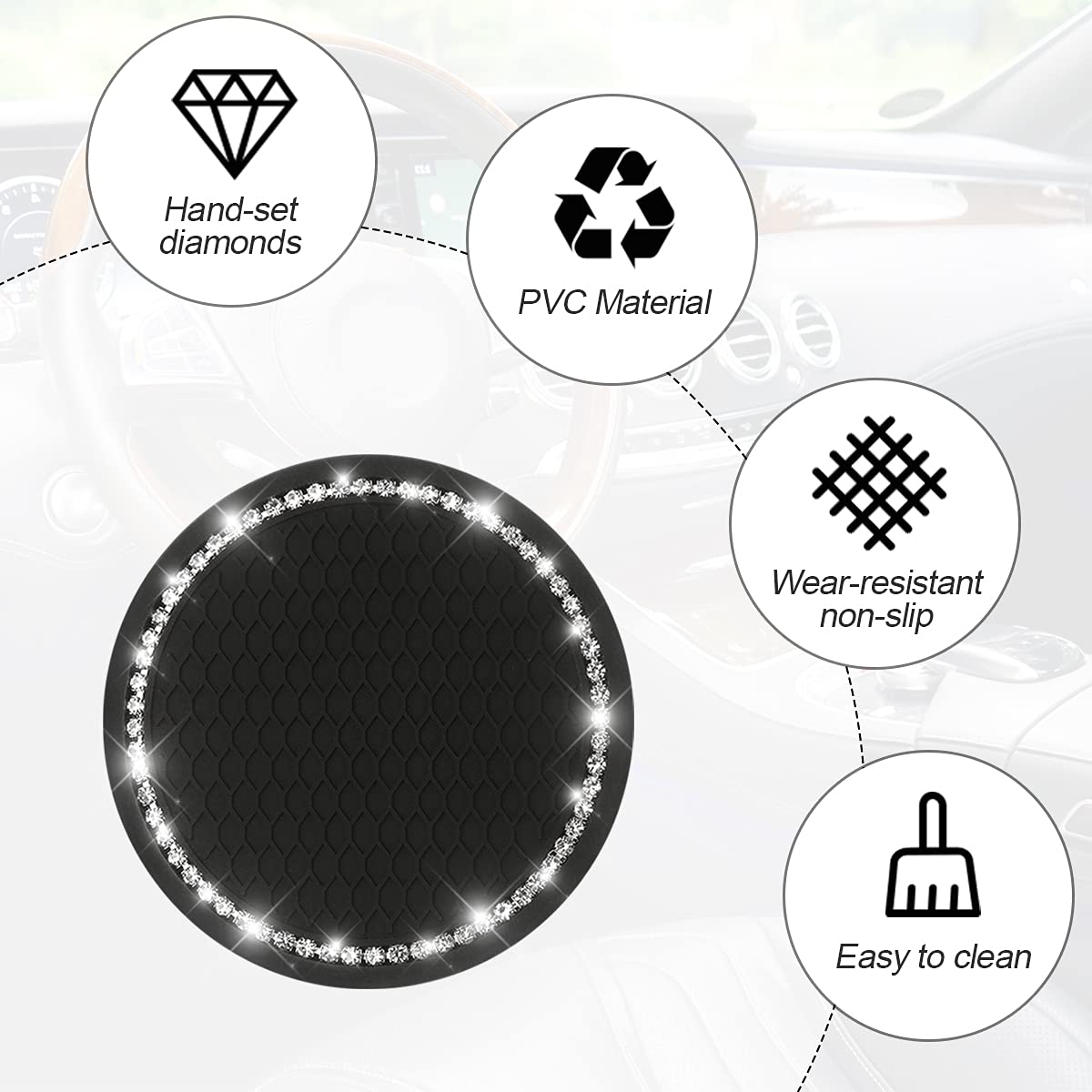 Car Bling Cup Holder Coaster, 2 Pack 2.75 Inch Crystal Rhinestone Car Cup Holder Insert Coaster,Universal For Cars, Vehicles, Suvs, Car Interior Accessories For Women And Men (Black/White)