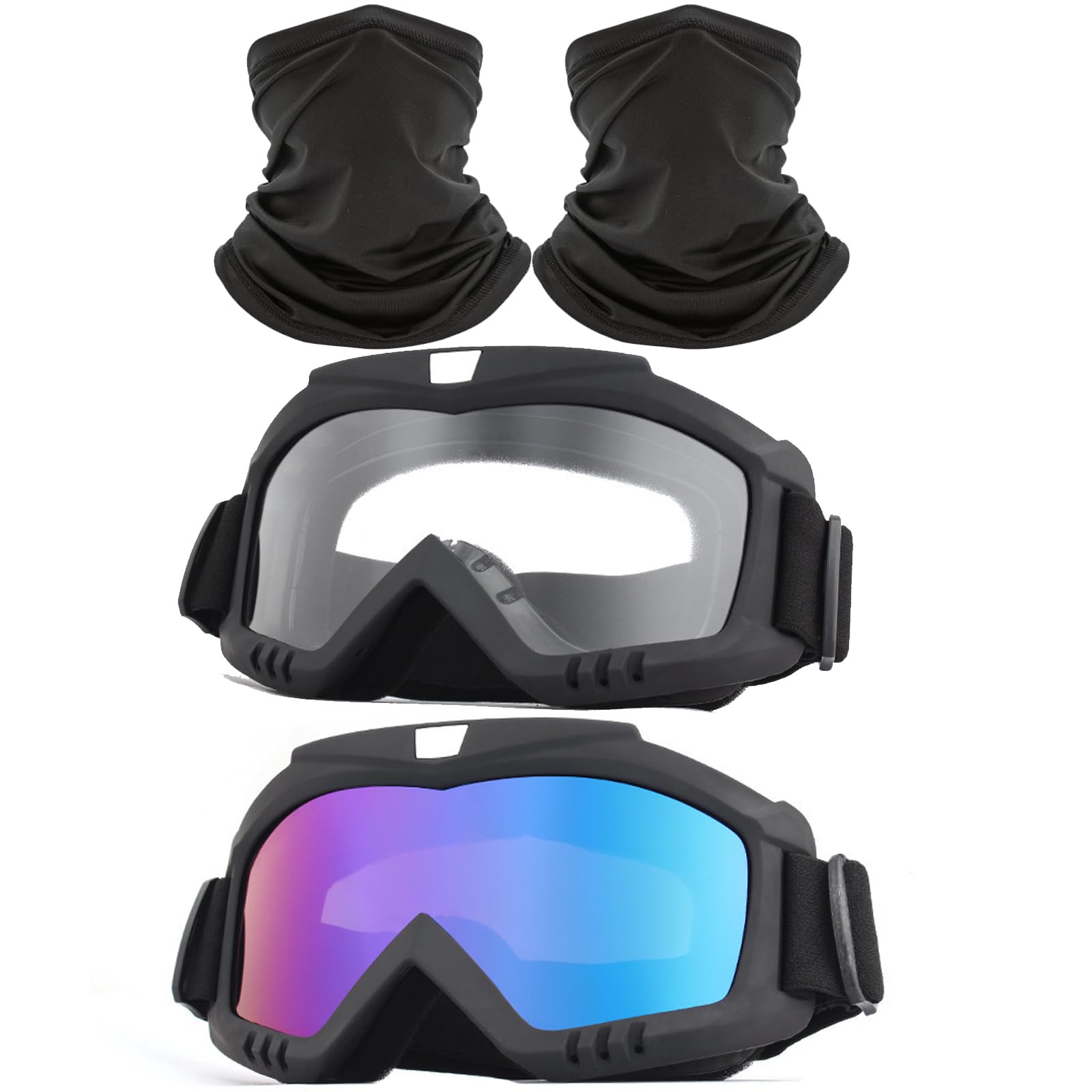 immoono 2 Pack Dirt Bike Goggles with Neck Gaiter, Motorcycle Goggles ATV Goggles Riding Goggles Ski Goggles Windproof Glasses R