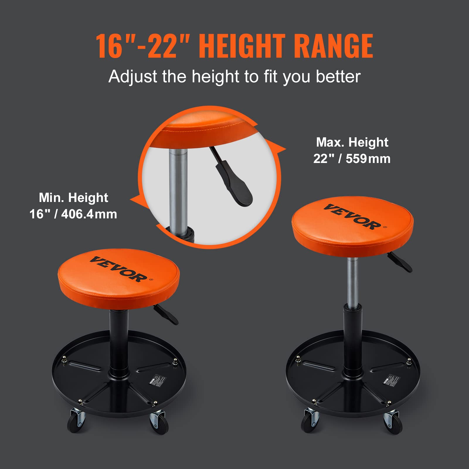 Vevor Mechanic Stool, 250 Lbs Rolling Pneumatic Creeper Garage/Shop Seat, Adjustable Height 16-22 Inch In Padded Rolling Worksho