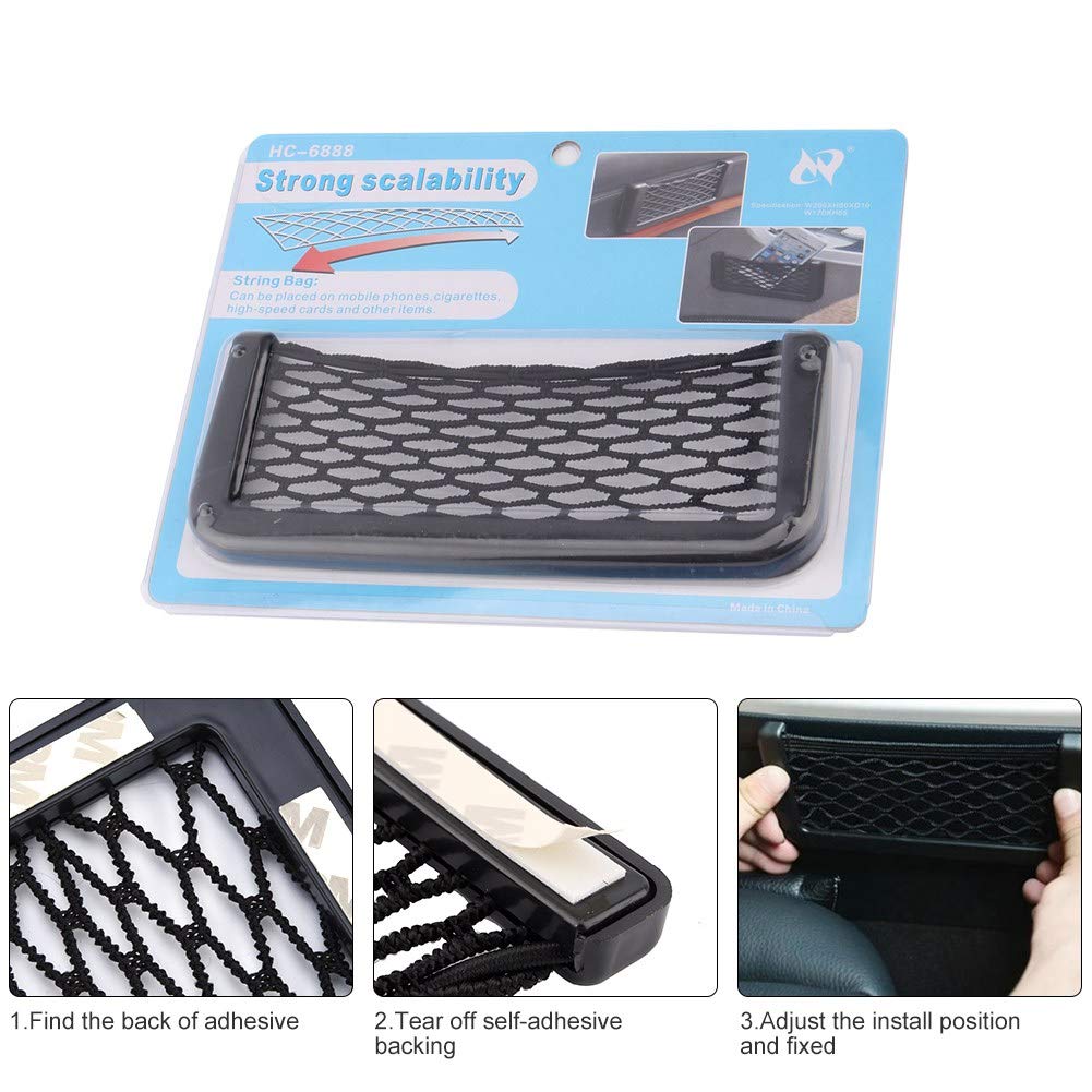 2Pcs Black Storage Network Mesh Bag, Car Trunk String Bag Storage Net Pocket, Nylon Elastic Nets Sticky Bag Holder Organizer For Phones,Charge, Cigarettes, 20 × 8.5Cm