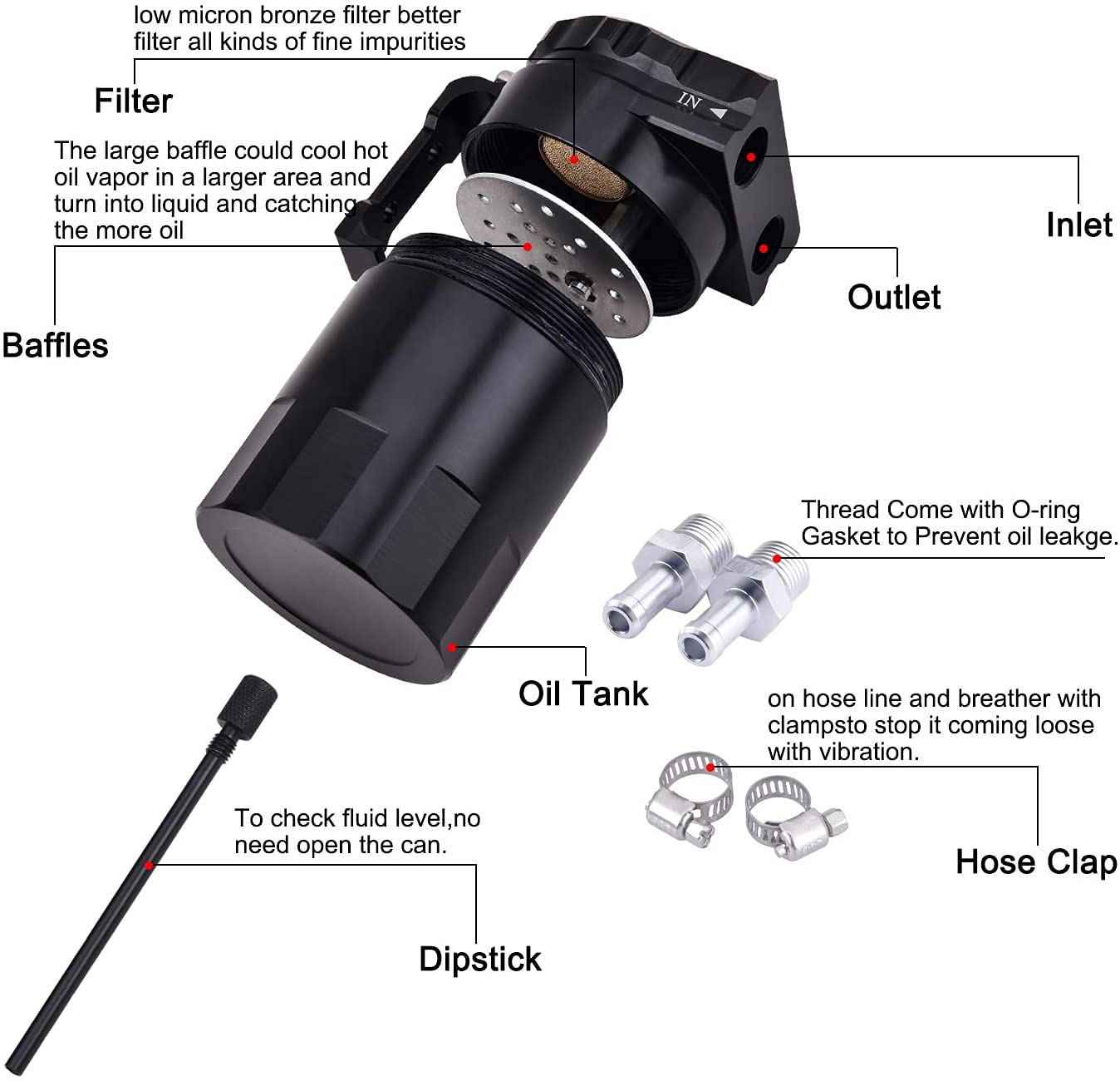 SPEEDWOW Aluminum Oil Catch Can Tank with Micron Bronze Baffled Filter, 300ML, Universal Black, Includes Hose Kit