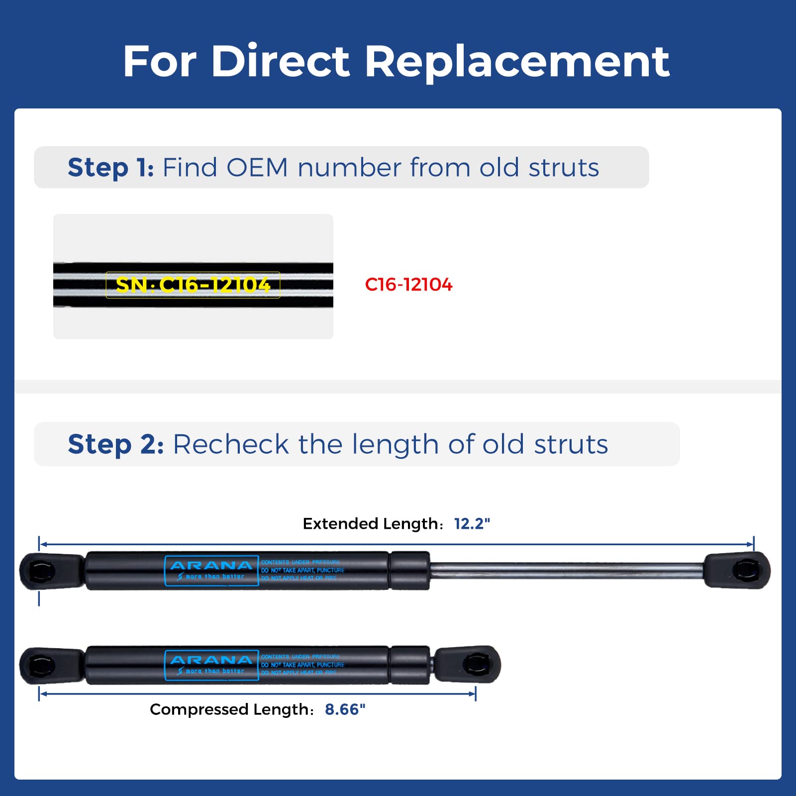 Arana C16-12104 12 Inch 50 Lbs Gas Prop Struts Shocks 12 '' 50Lb Lift Support For Are Topper Camper Shell Truck Tool Box Lid Tru