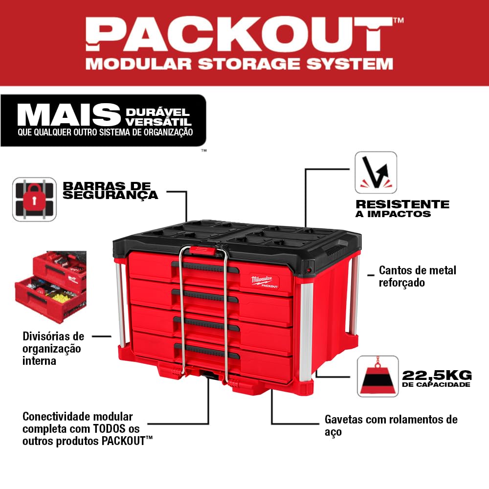 Milwaukee Packout 4 Drawer Tool Organizer Box - Plastic, Red, Model 48-22-8444