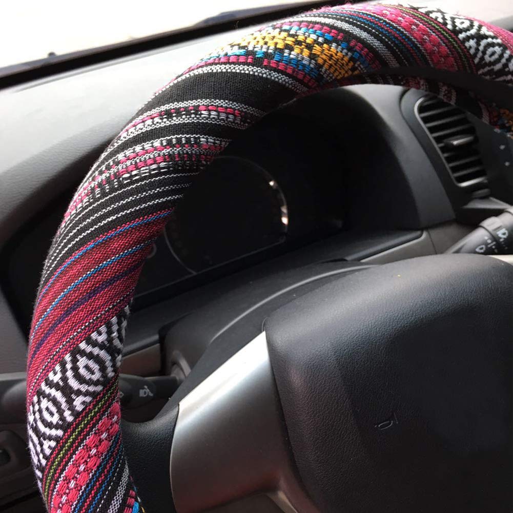 Shiawasena Car Steering Wheel Cover, Coarse Flax Cloth, Ethnic Style, Universal 15 Inch Fit, Anti-Slip Sweat-Absorbent (H#)