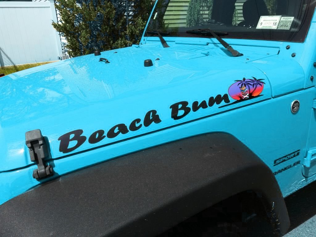 Beach Bum Decals With Tiki & Palm Tree - 2Pc Hood Decal Set - Made For: Wrangler Islander Sport Yj Tj Jk Jku X - Car Truck 4X4 D