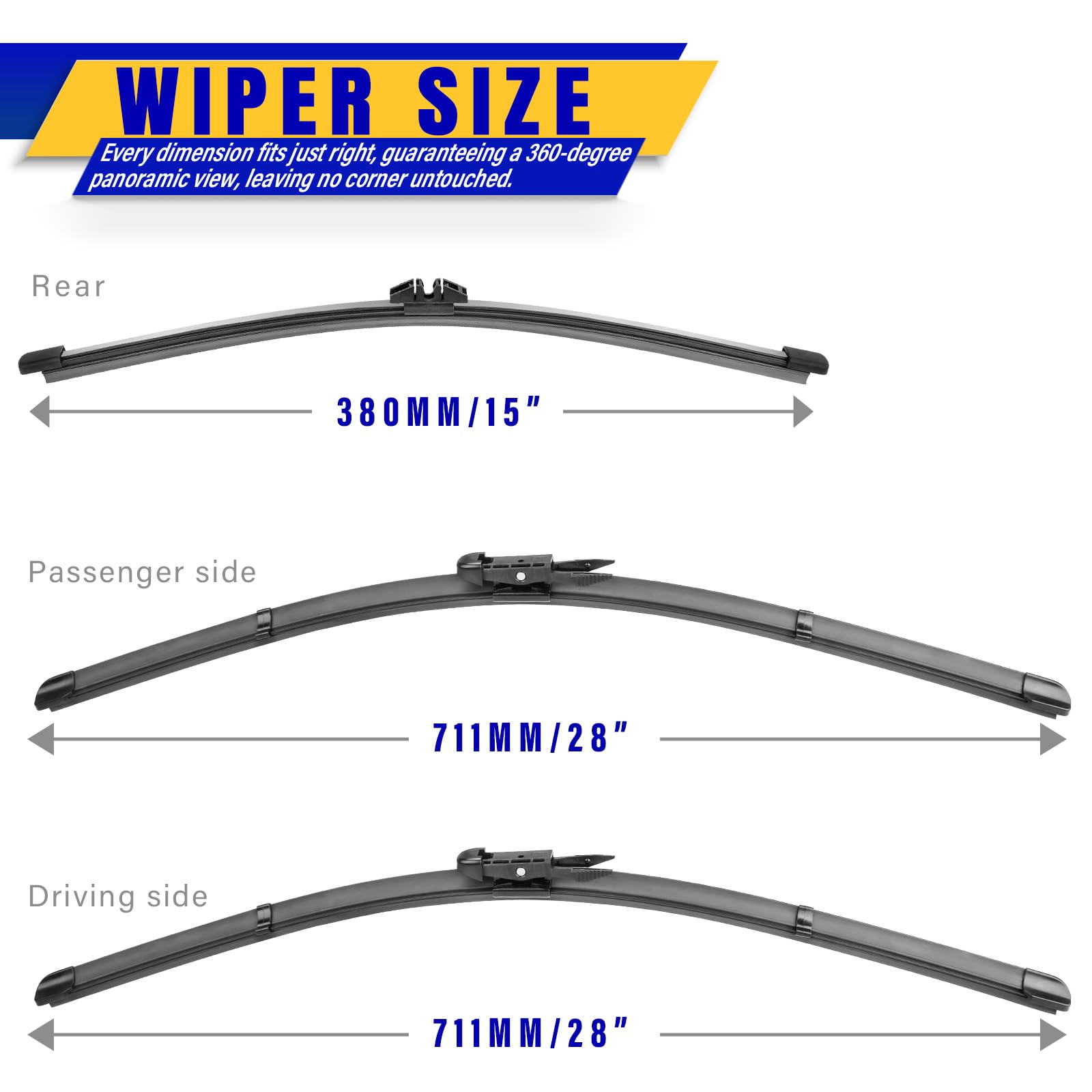 Rooppa Windshield Wiper Blades Replacement Set for 2015-2023 Ford Edge - 28"/28"/15" Rubber Blades (3-Pack)