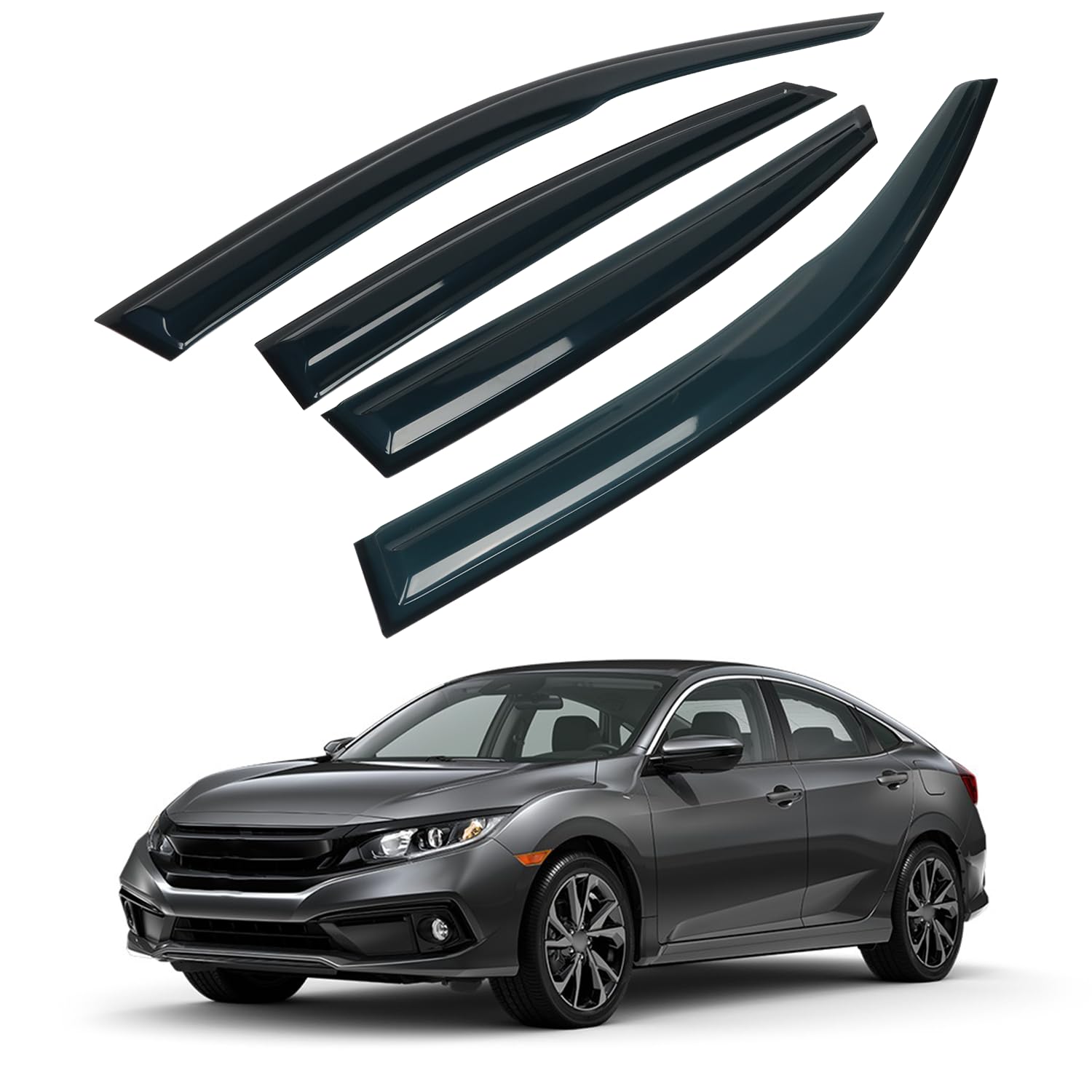 4PCS Rain Guards Window Visors Wind Deflector Fits for Honda Civic 2016-2021 10th 4-Door Sedan, 94682, Outside Mount Vent Shade 