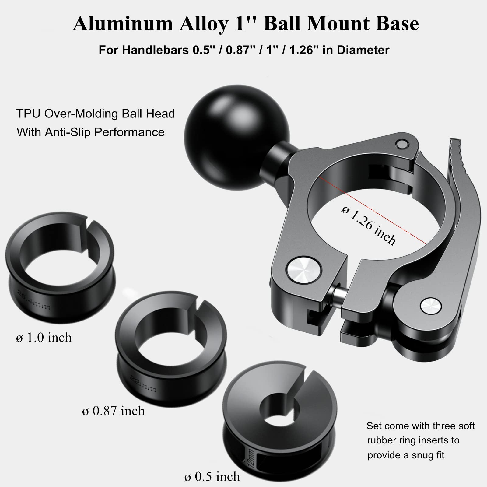 BRCOVAN Aluminum Alloy Handlebar Clamp Mount Base with 1'' TPU Ball for Rail Diameter 0.5'' 0.87'' 1'' 1.26'', Compatible with R