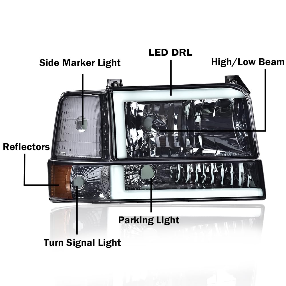 CHEDA LED DRL Headlights Assembly for 92-96 Ford F150/Bronco - Smoky Lens, Chrome Housing, Amber Reflector