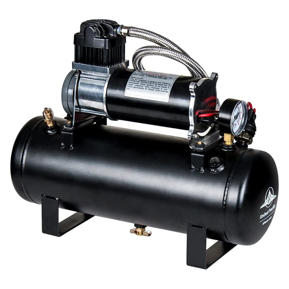 United Pacific Air Horn Compressor Kit - 12V 140 Psi Heavy Duty, Metal, Black, Model 46154