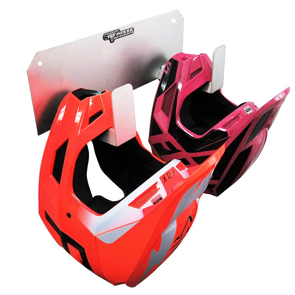 Pit Posse Helmet Rack PP125 - Silver Aluminum Dual Holder for Motorcycle, ATV, Snowmobile - Enclosed Garage Organizer