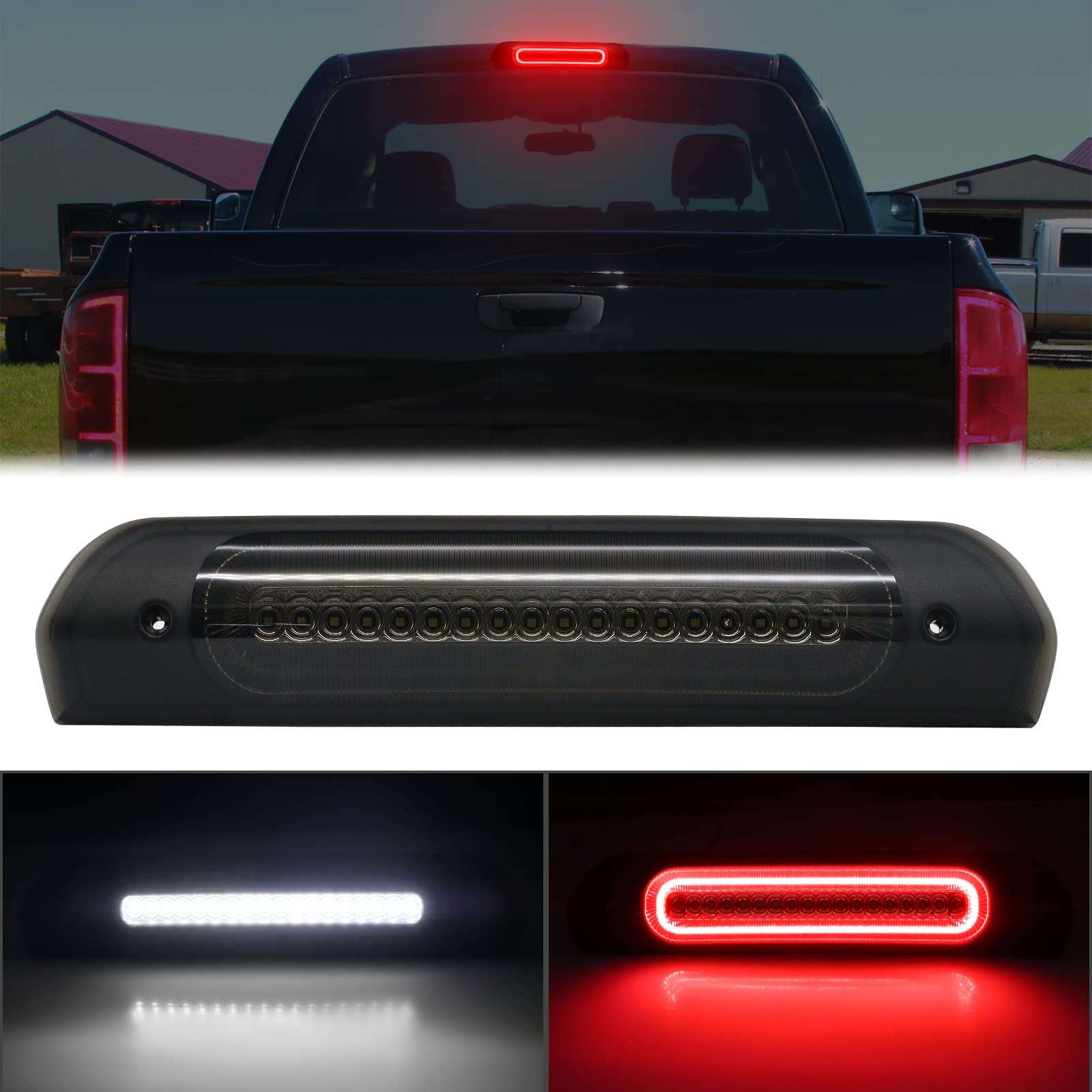 R&F Auto Led Smoked Lens High Mount Brake Light Replacement For Ram 1500 2500 3500 (2002-2008), For Ram 2500 3500 (2009) Roof Ca