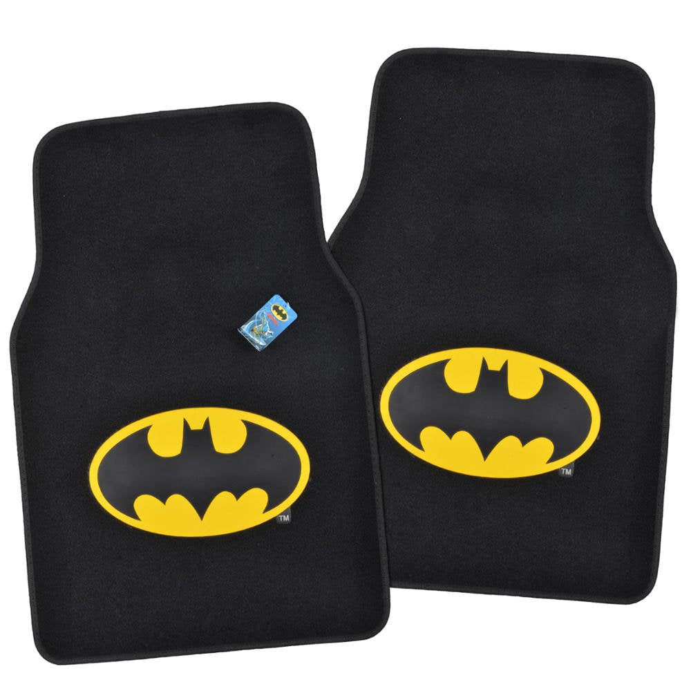 BDK Batman Carpet Car Floor Mats - 4-Piece Set, Rubber Backing, Black & Yellow Logo, Model WBMT-1301