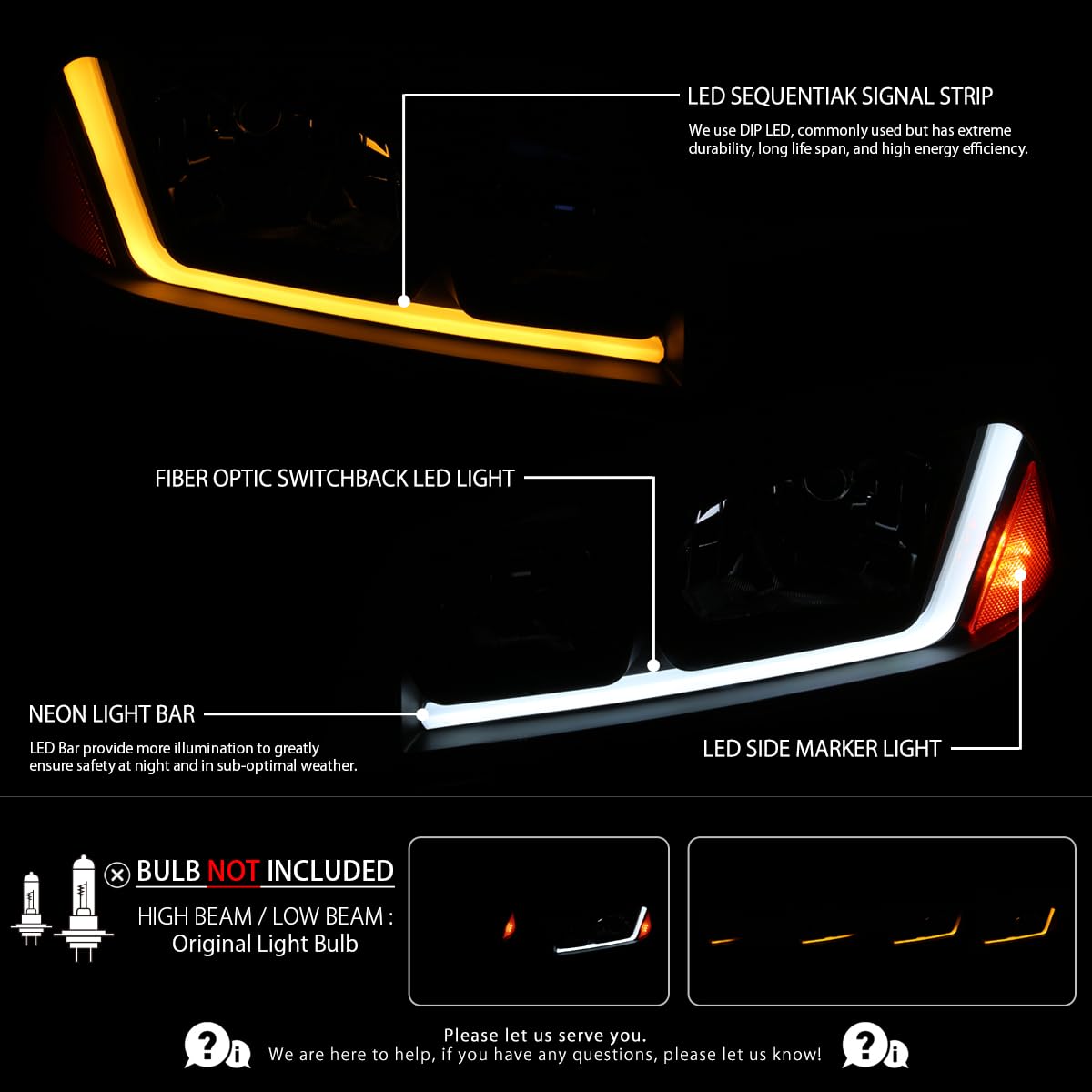 Autozensation Headlamp Assembly for 2006-2010 Dodge Charger, Black Housing, Clear Lens, Left + Right Pair with LED Strip and Turn Signal Light