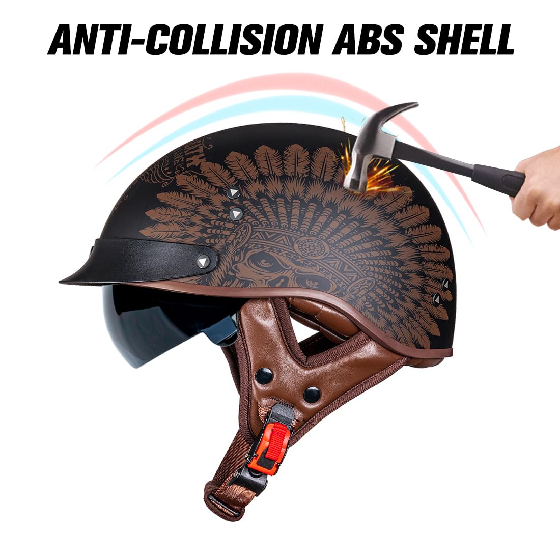 VCOROS Motorcycle Half Helmet DOT Approved, Large F02 Indian, ABS, Quick Release Buckle, Half Face for Men & Women