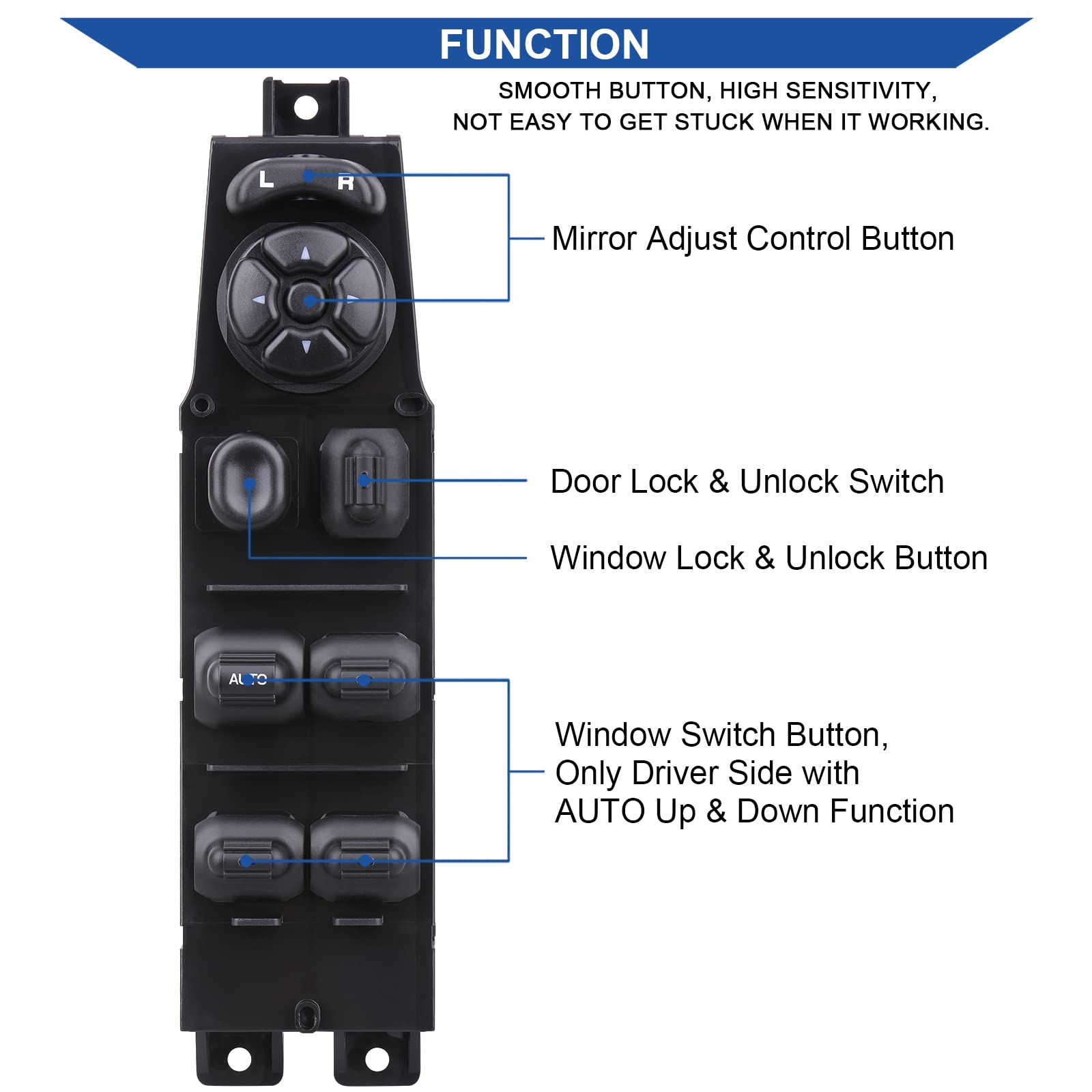 Obaee Power Window Control Switch Button & Grey Bezel, Compatible With 2002-2009 Dodge Ram 1500 2500 3500, 2001-2004 Dodge Dakot