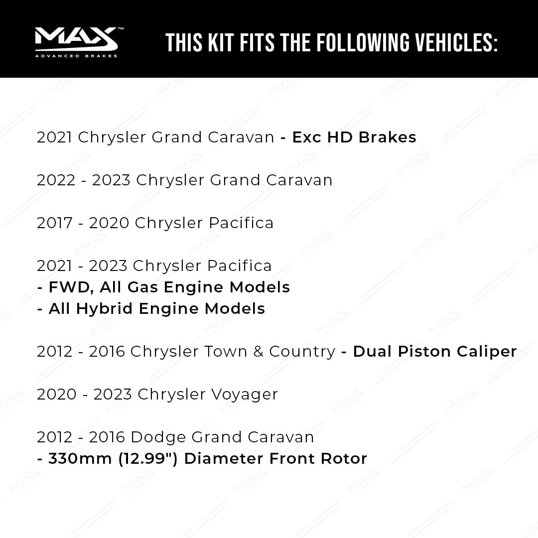 Max Advanced Brakes Front Brake Kit For 2012-2020 Dodge Grand Caravan Town & Country Pacifica W/Dual Piston Caliper Replacement Cross Drilled Disc Brake Rotors And Ceramic Brake Pads