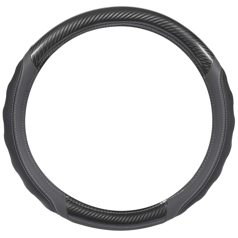 Motor Trend Ultrasport Gray Carbon Fiber Steering Wheel Cover, Standard 15 Inch Size, Black Faux Leather Comfort Grip, Car Steer