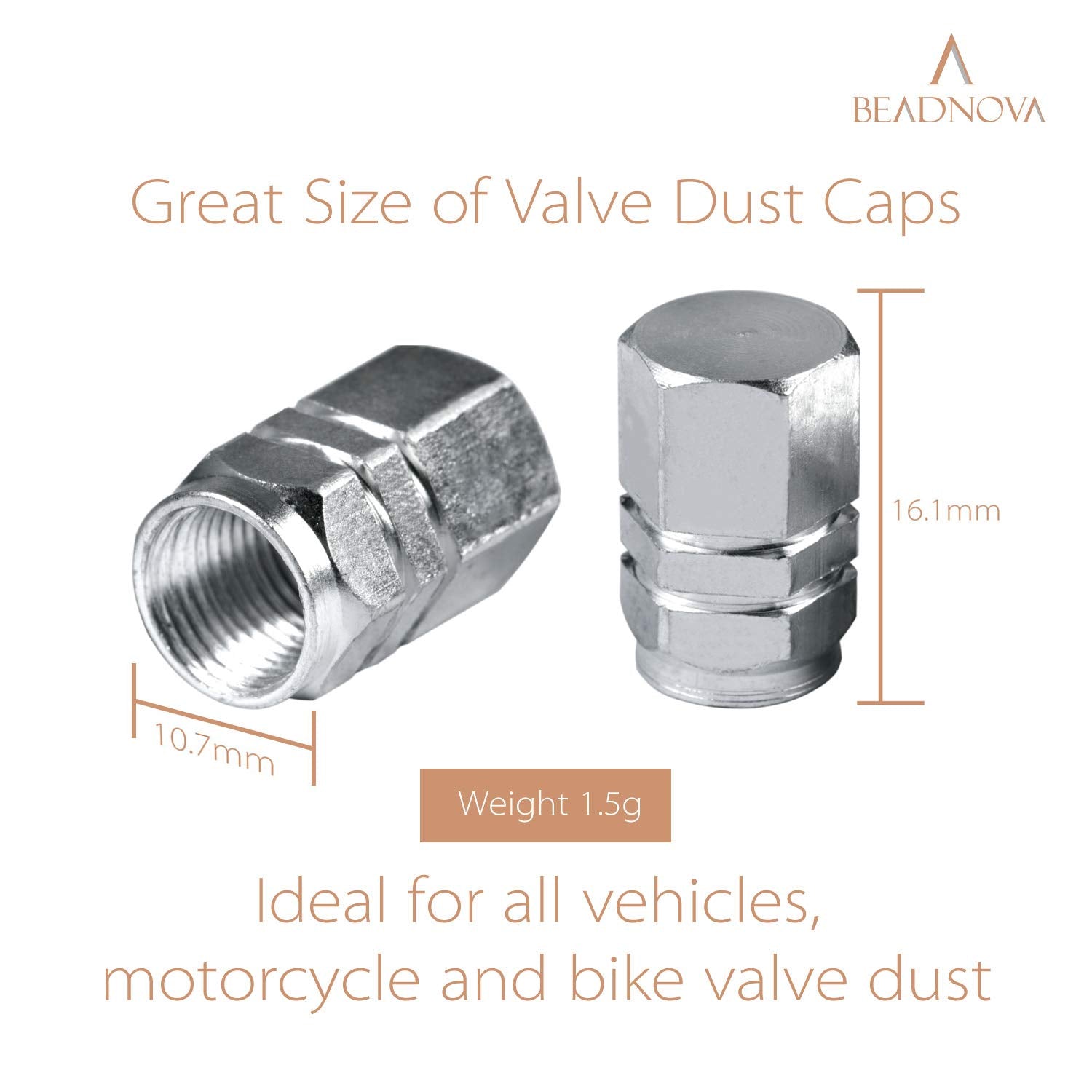 Beadnova Valve Stem Caps Aluminum Chrome Caps For Tires Valve Caps (12Pcs Pack,Silver)