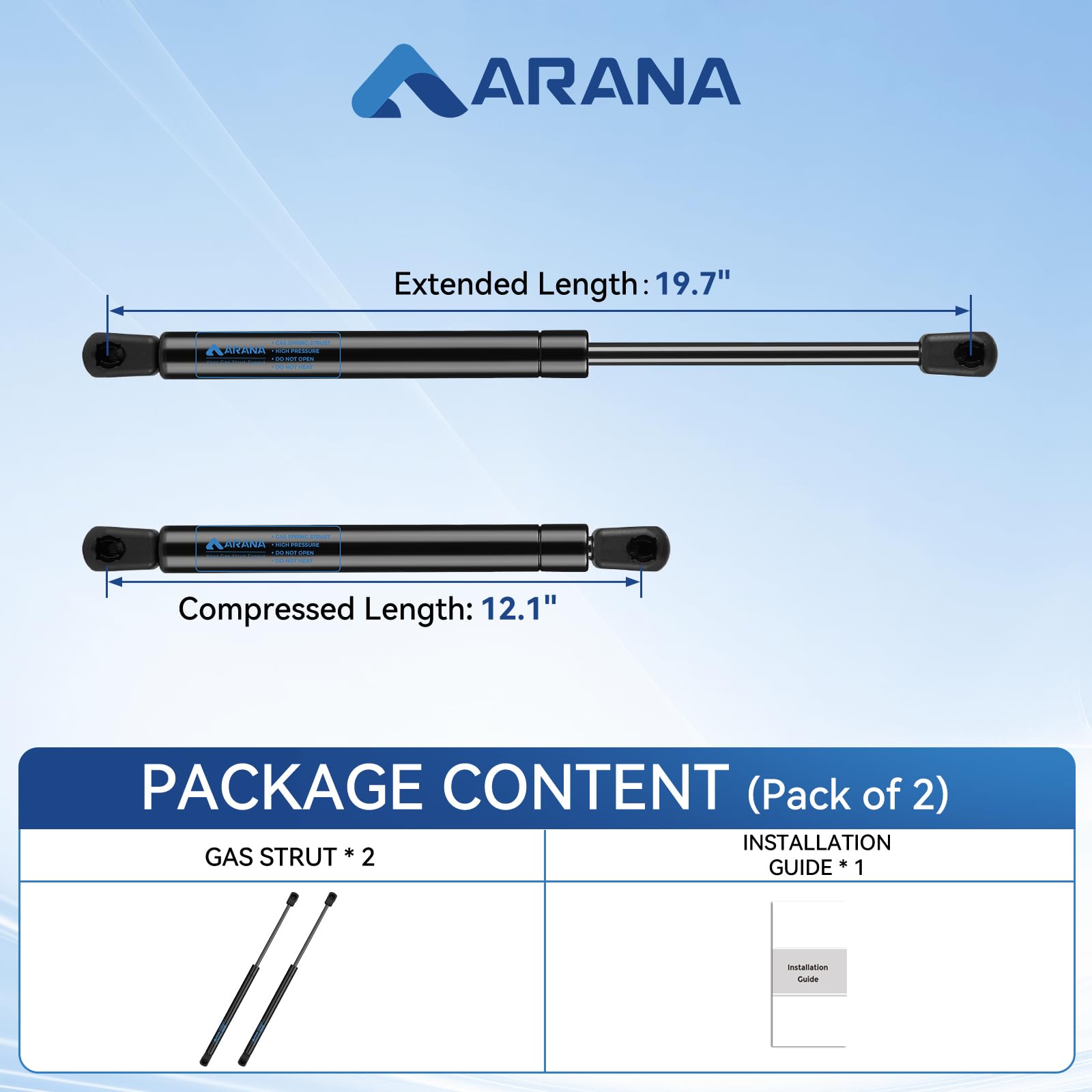 ARANA Gas Struts 20 Inch 60 lbs Prop Spring Shocks for RV, Trailer, Tanning Bed - Black (2Pcs, No Ball Studs)