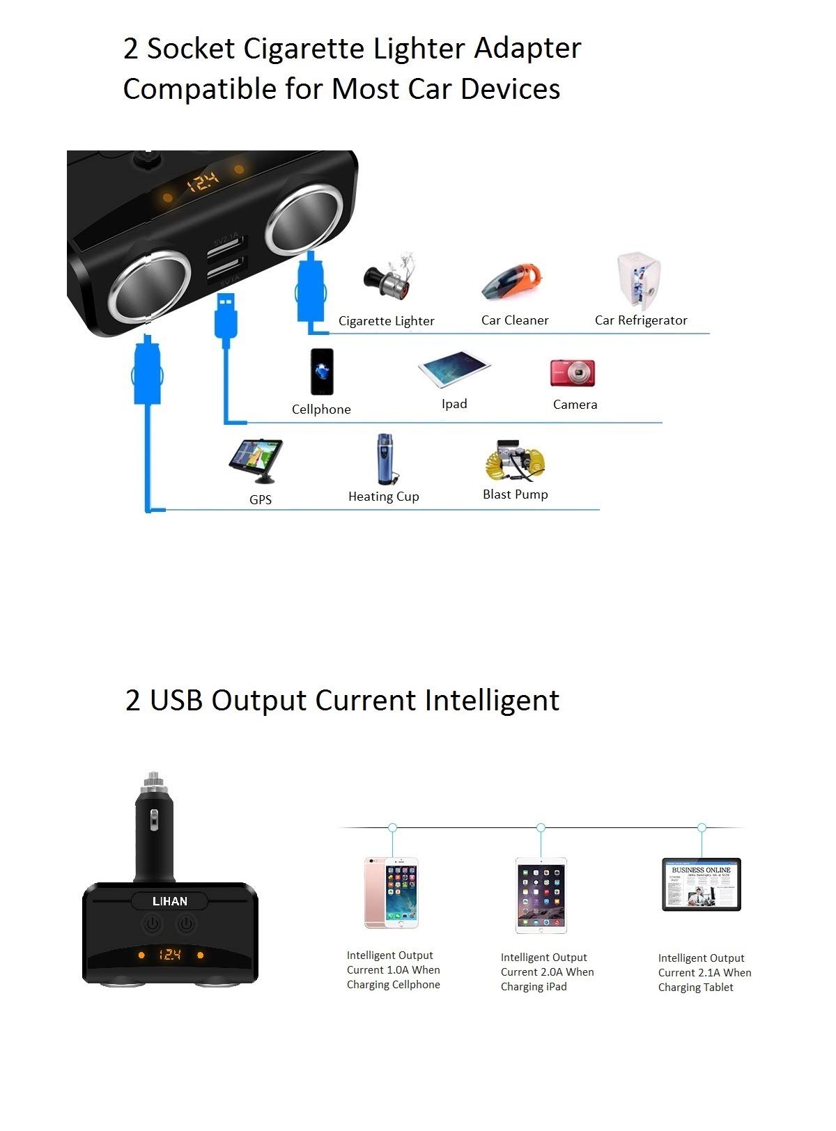Lihan 2 Socket Cigarette Lighter Adapter, Car Charger Plug Splitter With Dual Usb Ports, 12V/24V Meter Monitor, Compatible With