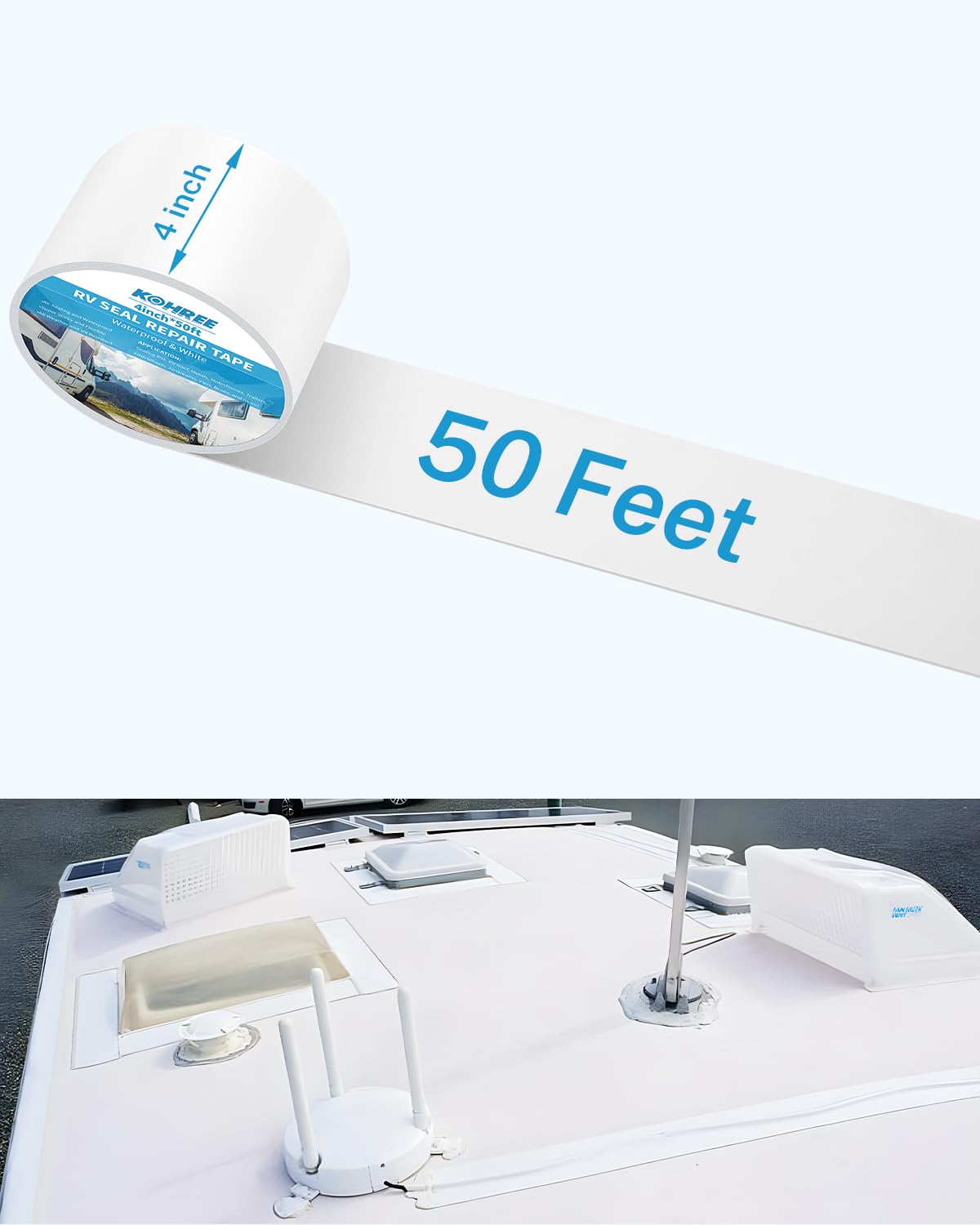 Kohree Rv Sealant Tape, 4 Inch X 50 Foot Rv Roof Tape White Waterproof Seal Tape Uv & Weatherproof Sealant Roofing Tape For Rv R