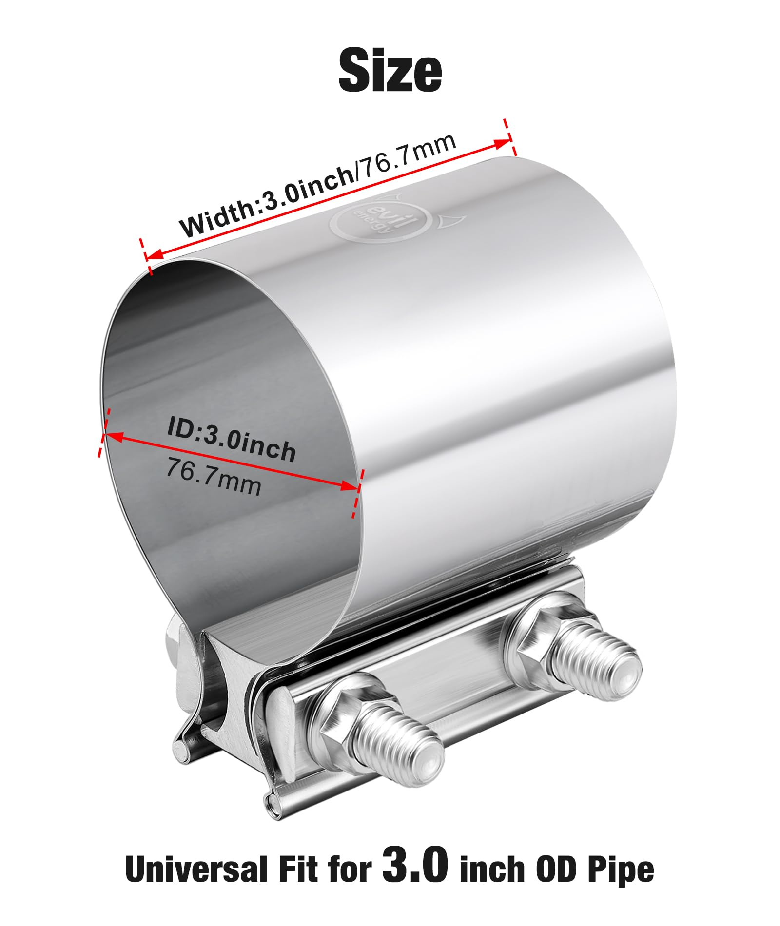 Evil Energy 3.0 Inch Exhaust Clamp,Butt Joint Band Clamp Sleeve Coupler Stainless Steel For Pipes,Mufflers,Catalytic Converters