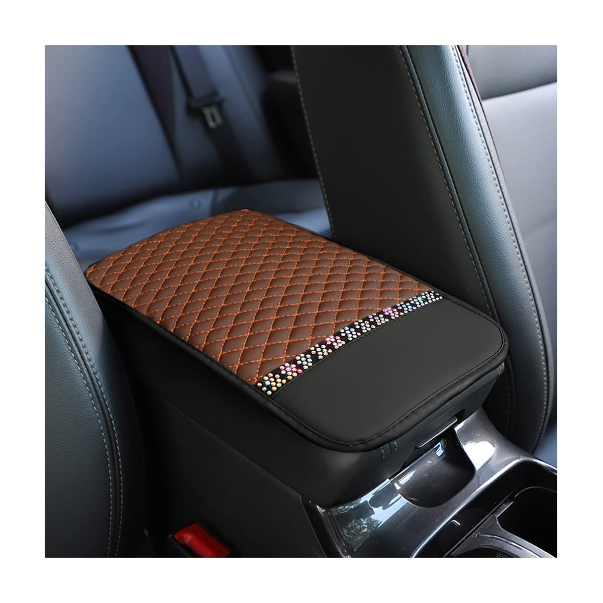 Bling Leather Car Center Console Cover, Car Center Console Protector With Glossy Crystal Rhinestone, Universal Waterproof Car Armrest Seat Box Cover For Most Car, Vehicles, Suvs, Trucks (Brown)