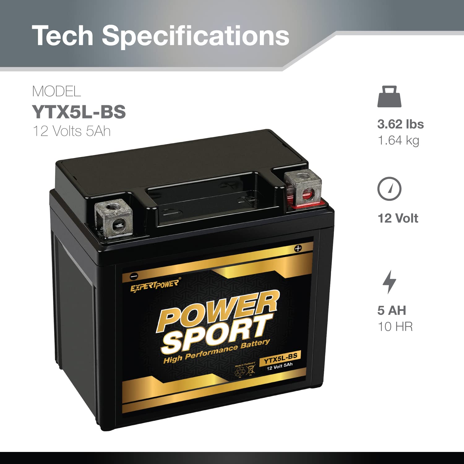 ExpertPower YTX5L-BS 12V 5Ah Sealed Maintenance Free Battery Replacement