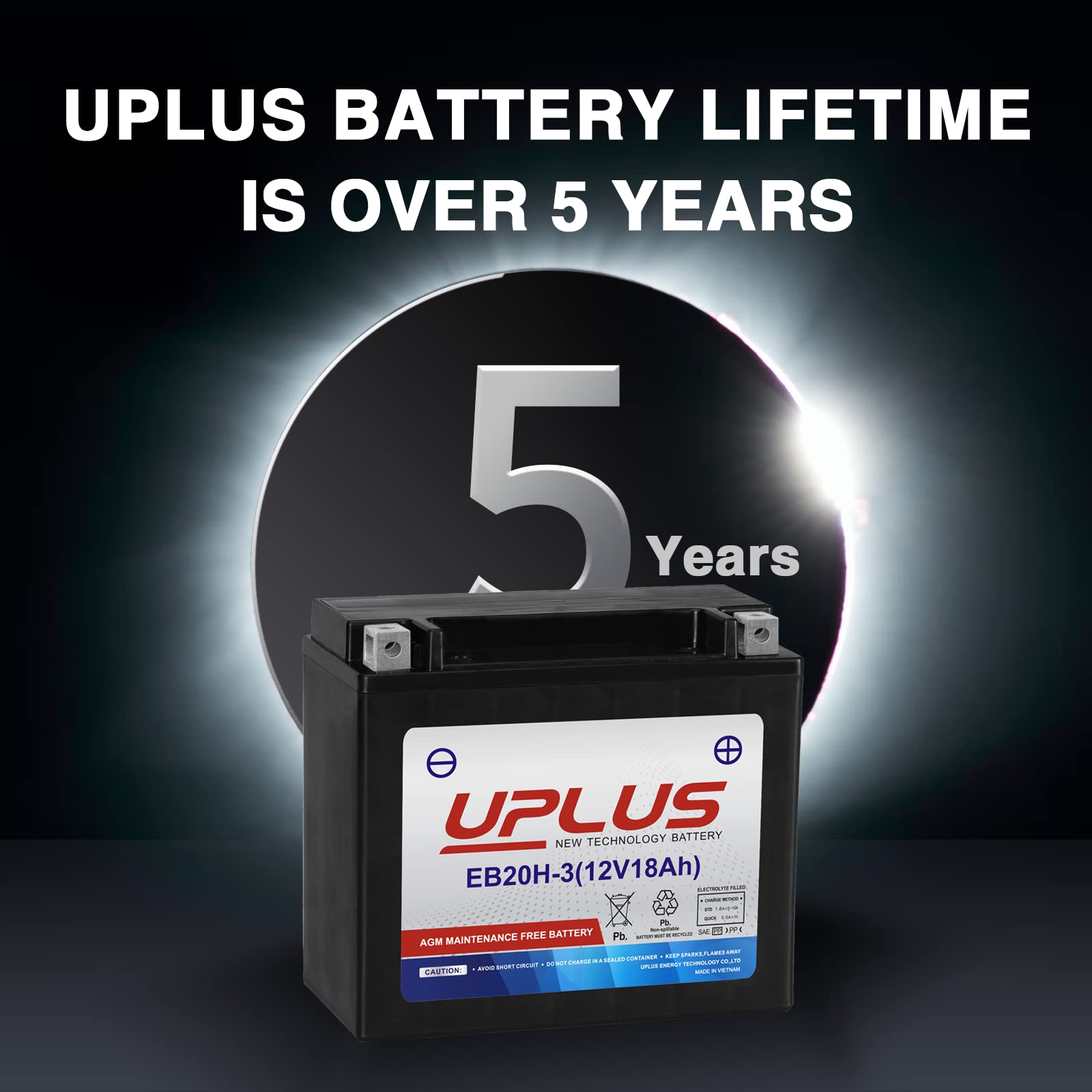 UPLUS Motorcycle Battery YTX20HL-BS, Sealed AGM, 6.89"x3.43"x6.1", Black, Compatible with Yamaha, Honda, Suzuki, Harley-David