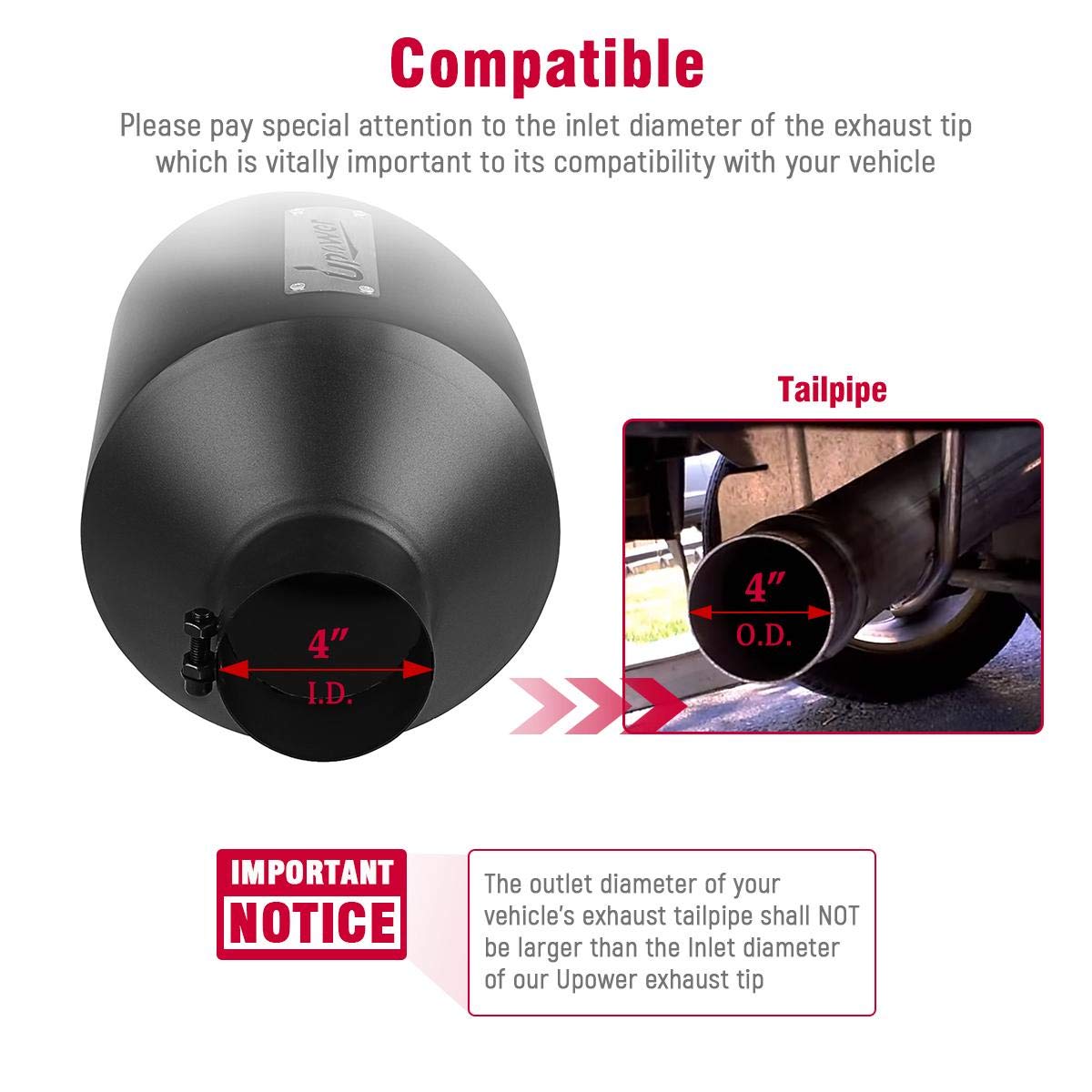 Upower 4" Inlet 10" Outlet Black Long Stainless Steel Exhaust Tips