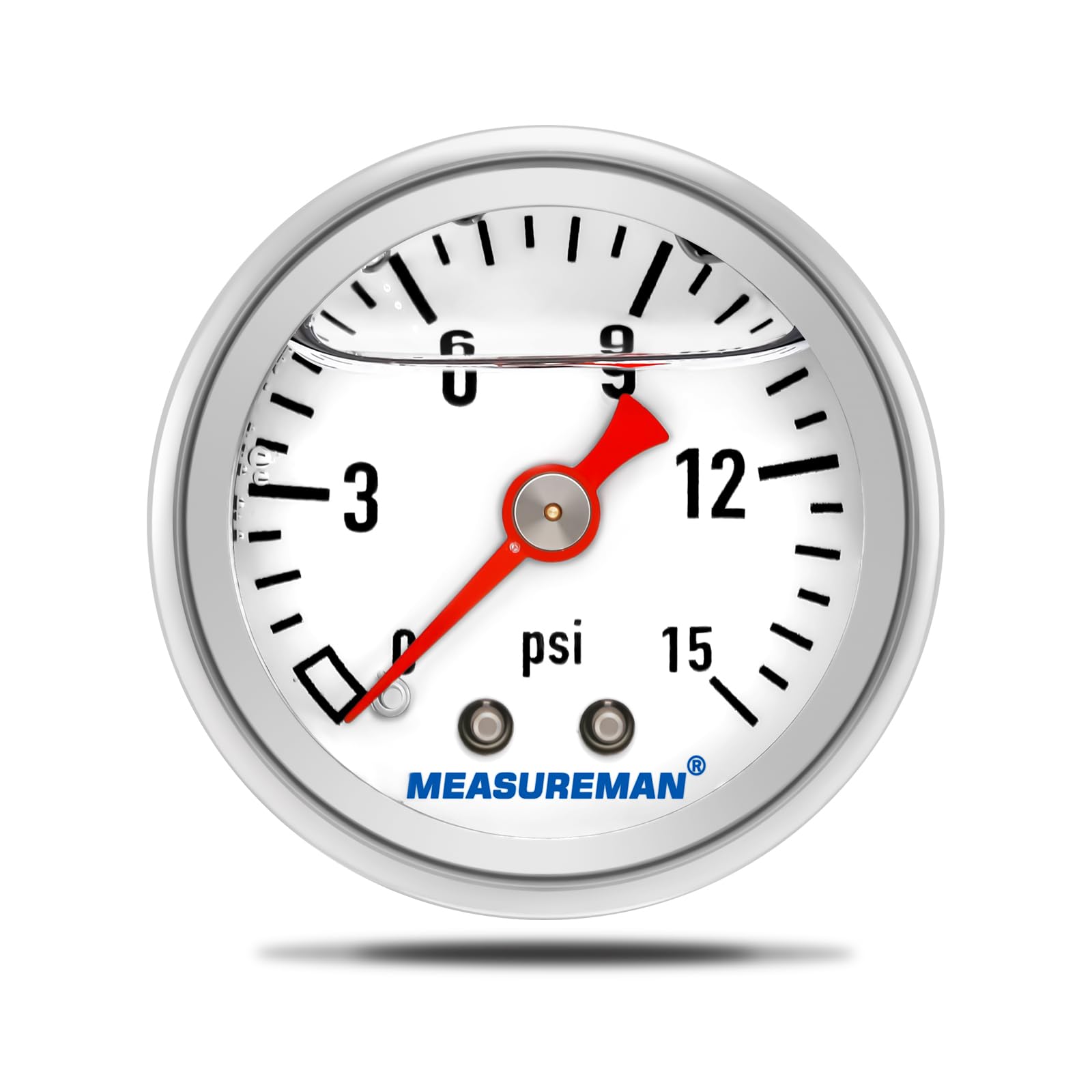 Measureman 1-1/2'' Dial Size, Glycerin Filled Fuel Pressure Gauge, 304 Stainless Steel Case, 0-15Psi, 3-2-3%, 1/8'' Npt Back Mou