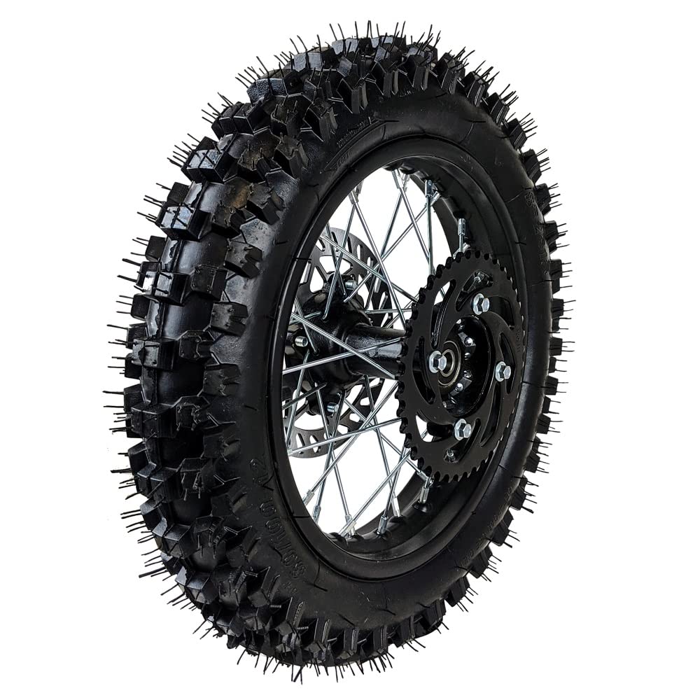 RedCap 12" Rear Rim Wheel Disk Brake with 80/100-12 Tire Tube, Stainless Steel, Black, 15mm Axle, Includes Brake Rotor & 428 41T S