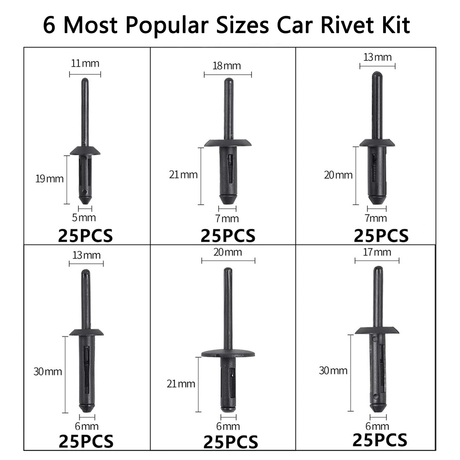 150Pcs Plastic Rivet Clip,Automotive Universal Nylon Pop Rivet Assortment,6 Most Popular Sizes Black Nylon Universal Rivet Kit,R