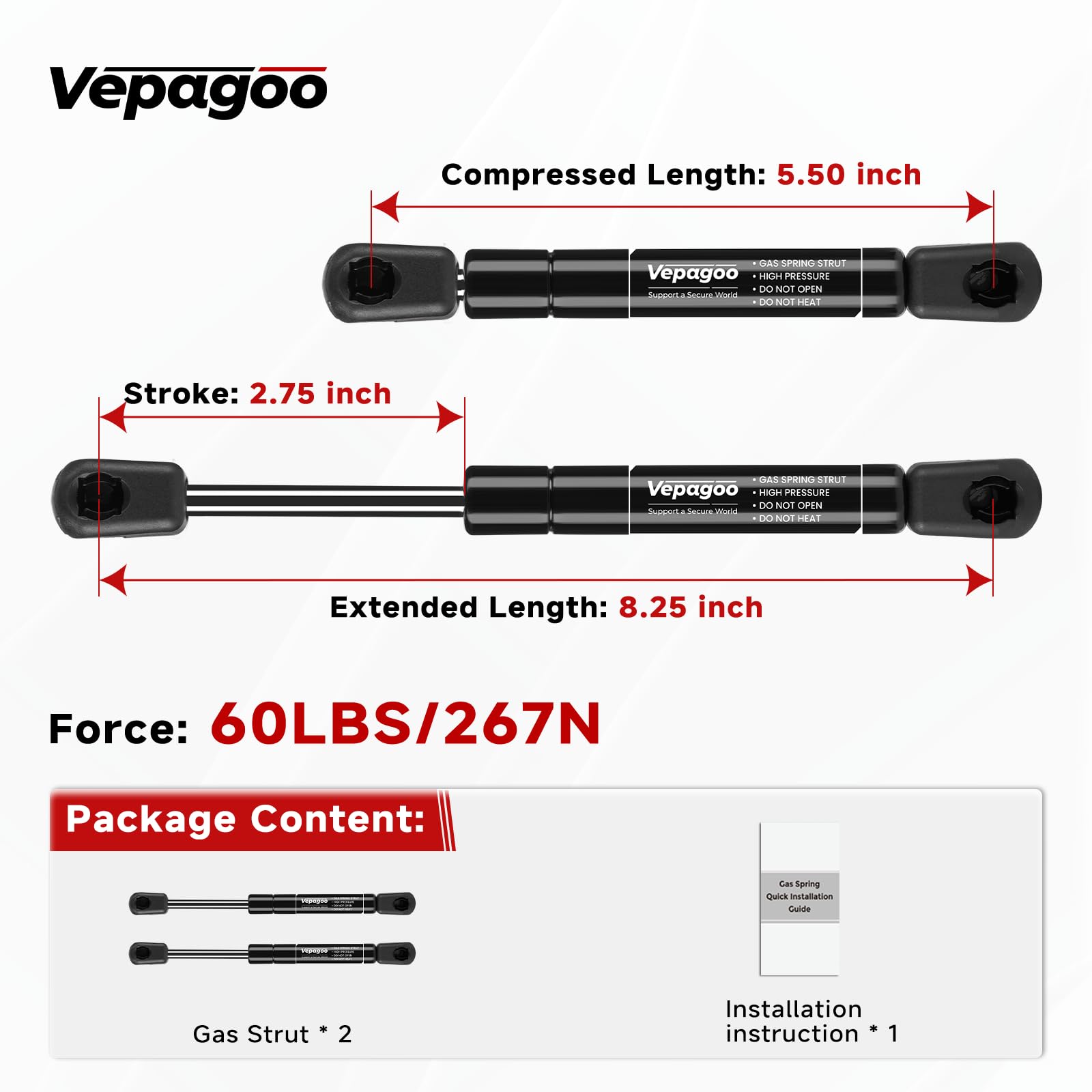 Vepagoo 8.5 Inch 60Lb/267N Gas Struts Shocks Springs Lift Supports Compatible With Truck Pickup Tool Box Cabinet Lid Rv Door Toy