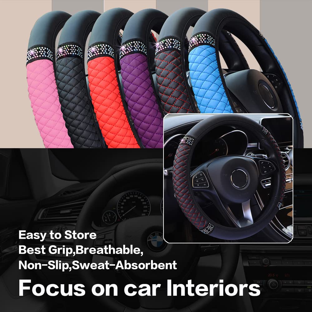 Diamond Leather Steering Wheel Cover,Bling Soft Leather Steering Wheel Cover For Women Girls,Universal 15 Inch Breathable Anti-S