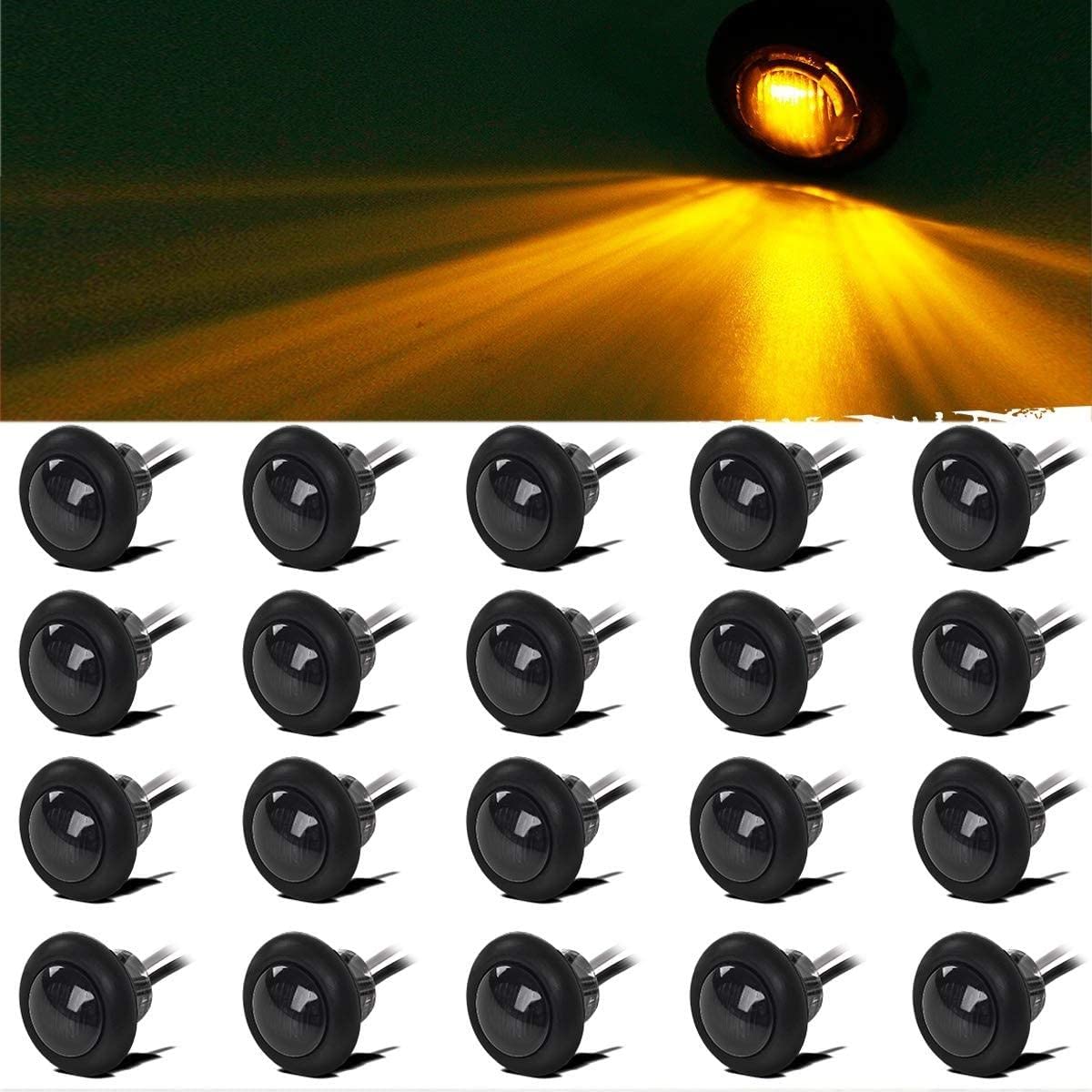 Partsam 20Pack 3/4'' Inch Smoke Lens Amber Led Round Clearance Lights Side Marker Identification Light Turn Signal Grill Light F
