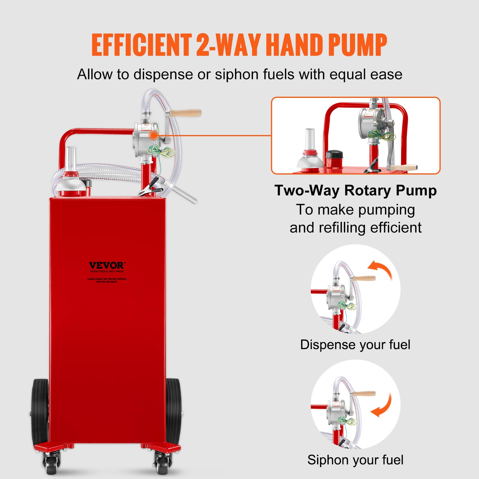 VEVOR 30 Gallon Fuel Caddy - Red Carbon Steel Gasoline & Diesel Storage Tank with Manual Pump for Cars, ATVs, Boats