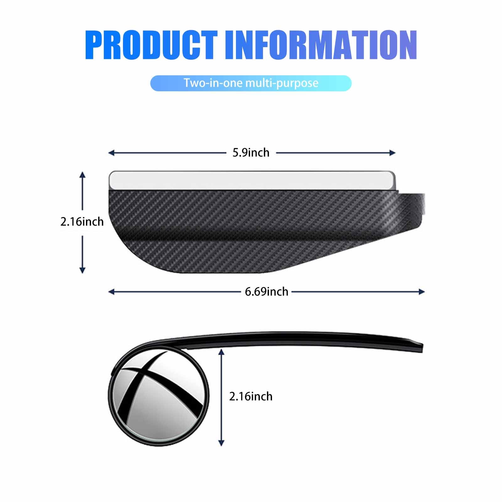 Qodolsi 2 Pcs Car Rearview Blind Spot Mirror Rain Eyebrow Integrated, 2-In-1 Carbon Fiber Rain Eyebrow Reflective Protection Shield, Adjustable Expanded View Reversing Mirror, Universal Car (Black)