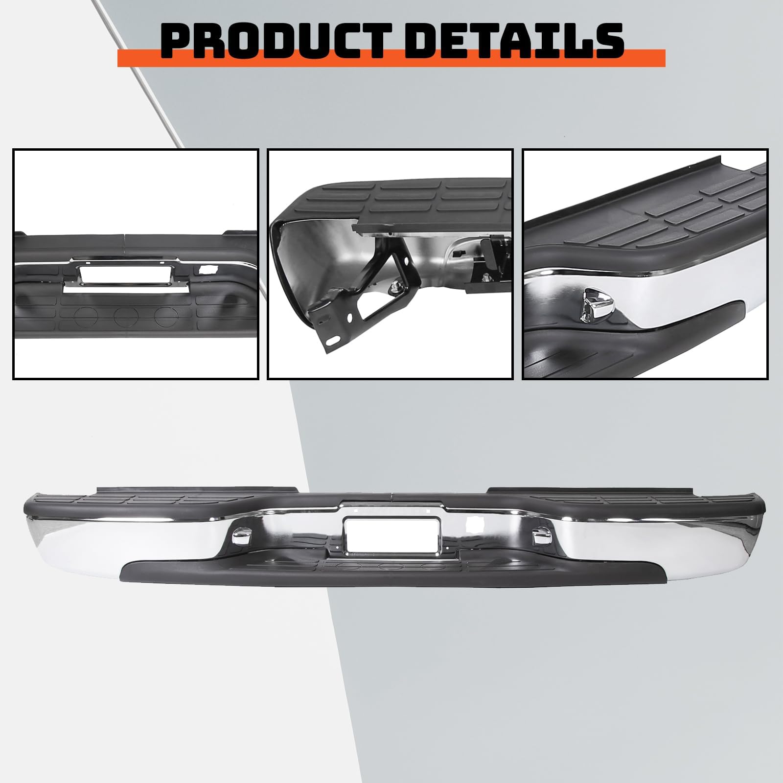 ECOTRIC Rear Step Bumper Bar Chrome for 1999-2006 Chevy Silverado/GMC Sierra 1500/2500, Model AT-82, with Pad & License Plate Lights